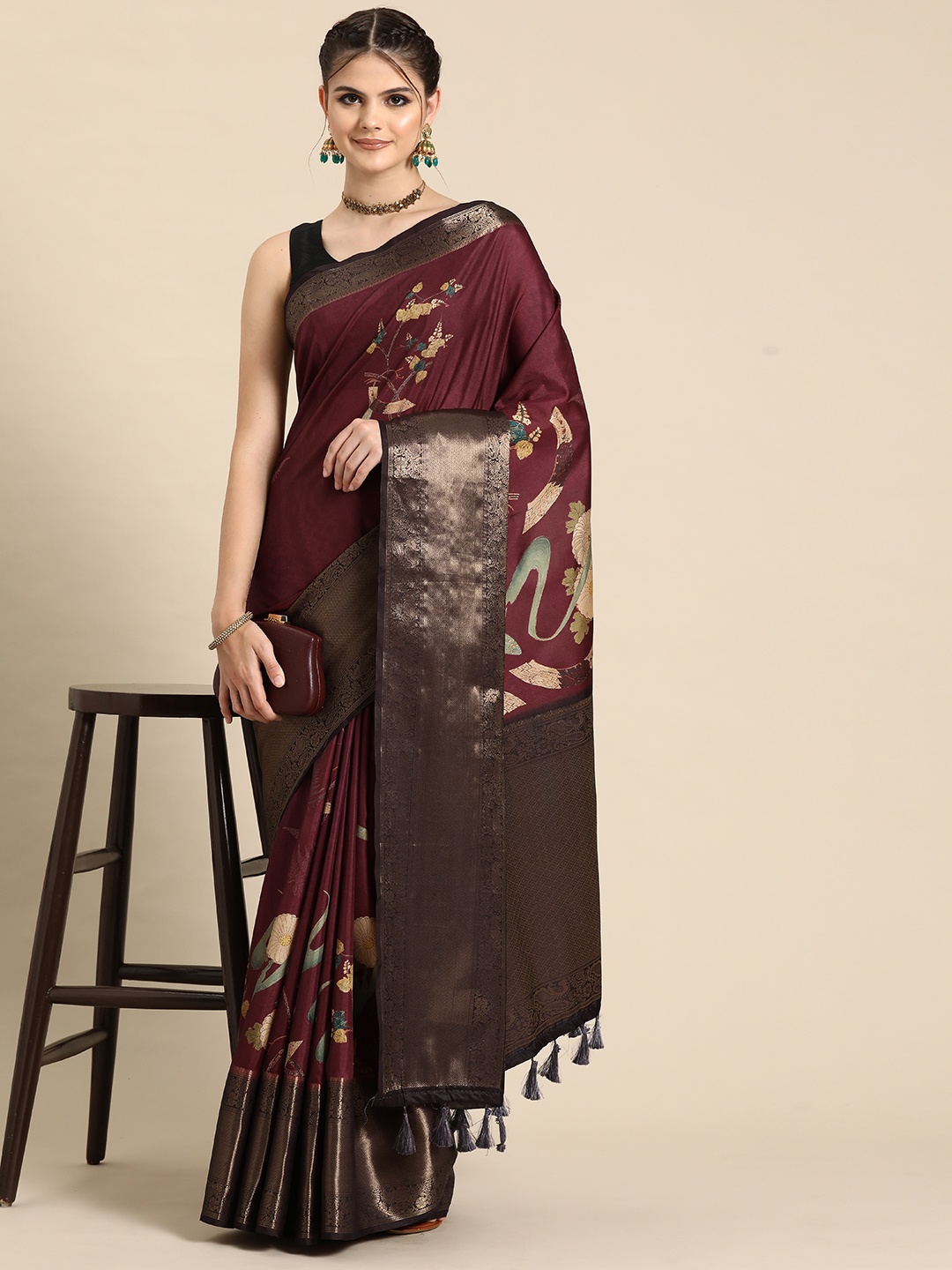 

Silk Land Woven Design Zari Banarasi Silk Digital Print Saree, Burgundy