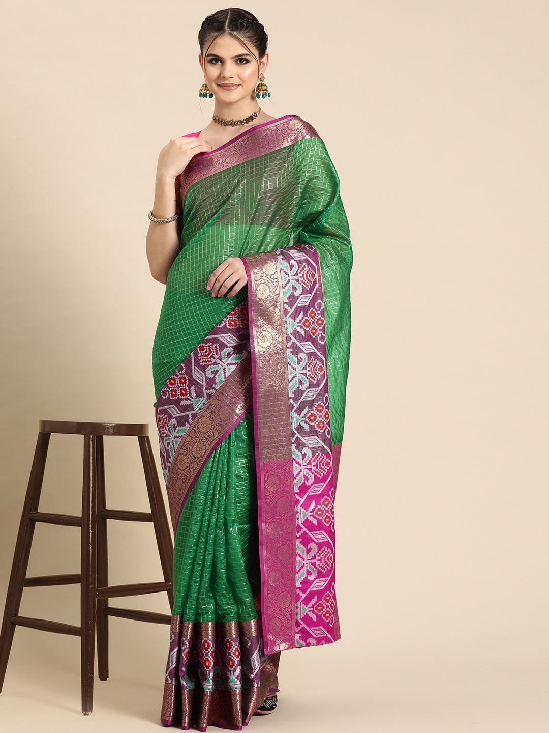

Silk Land Checked Zari Banarasi Saree, Green