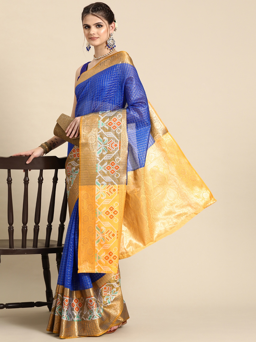 

Silk Land Checked Zari Banarasi Saree, Blue