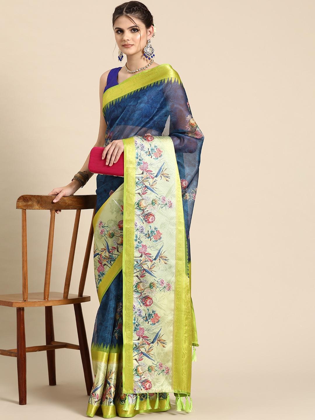 

Silk Land Floral Kanjeevaram Art Silk Digital Print Saree, Navy blue