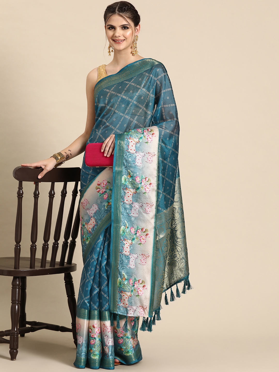 

Silk Land Ethnic Motifs Printed Zari Kanjeevaram Saree, Teal