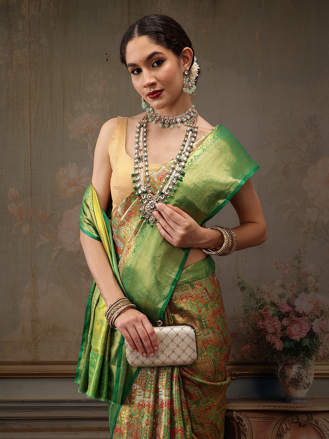 

Silk Land Woven Design Zari Pure Silk Saree, Green