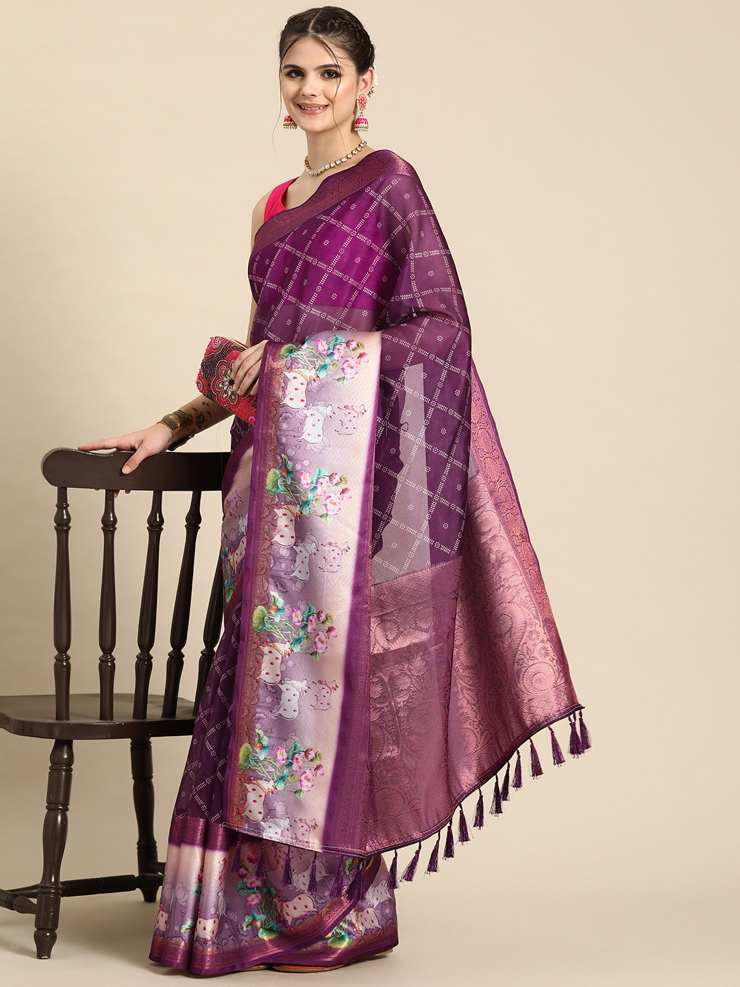 

Silk Land Ethnic Motifs Kanjeevaram Digital Print Saree, Purple