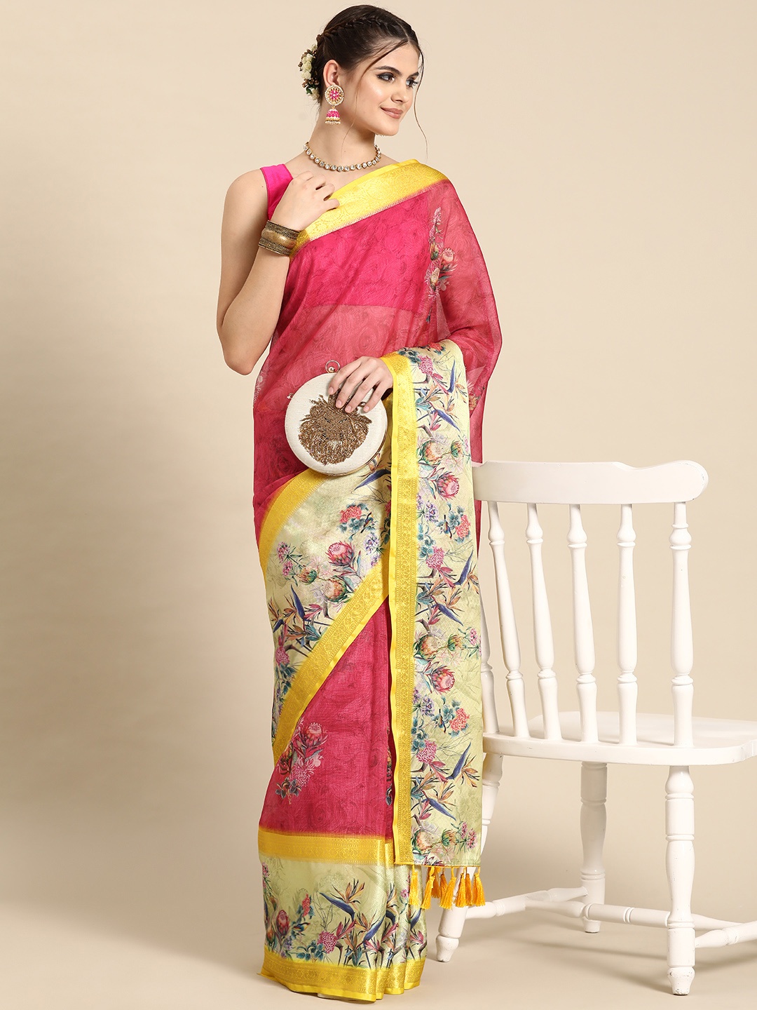 

Silk Land Floral Printed Zari Kanjeevaram Saree, Red