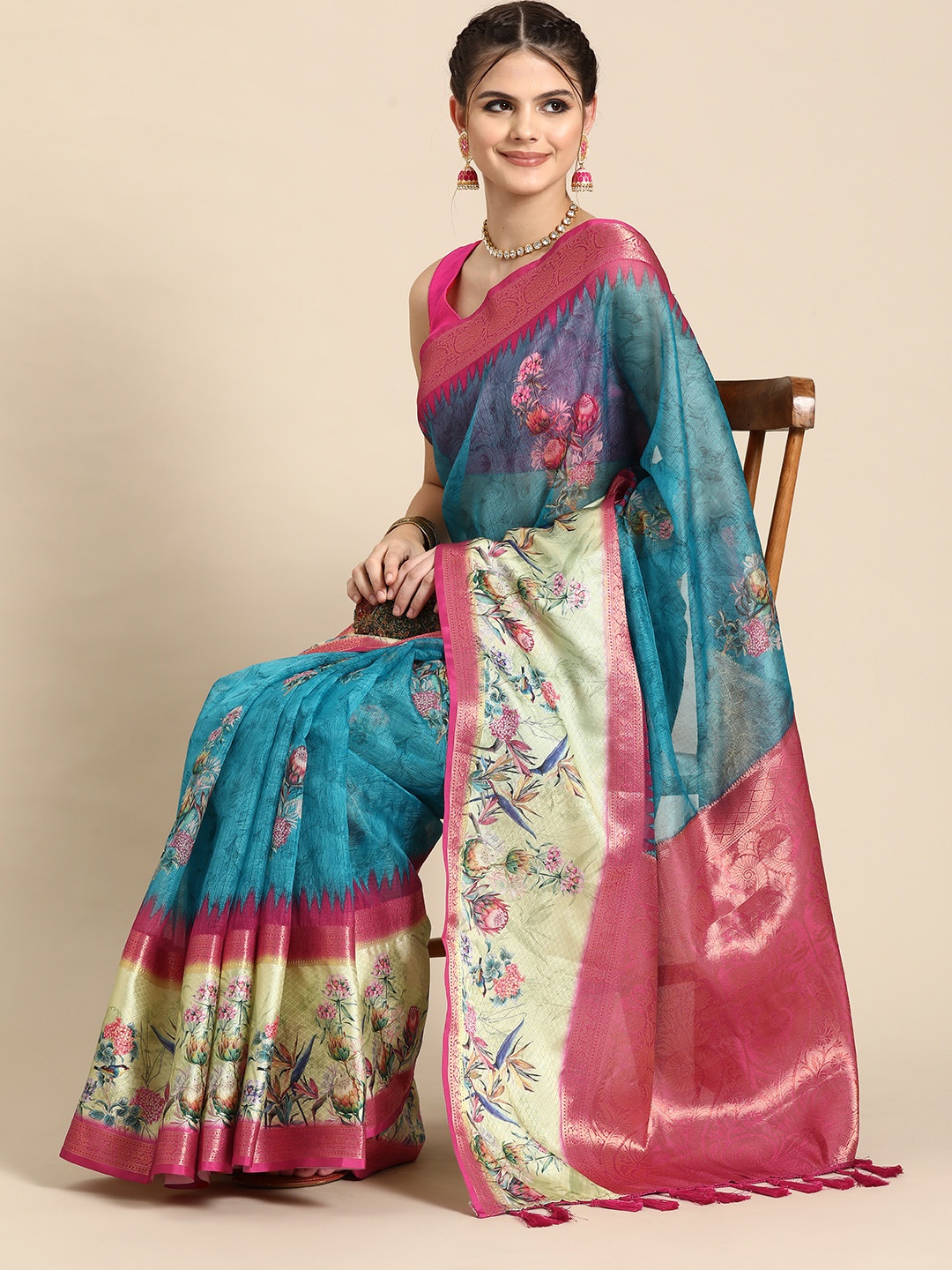 

Silk Land Floral Kanjeevaram Art Silk Digital Print Saree, Teal