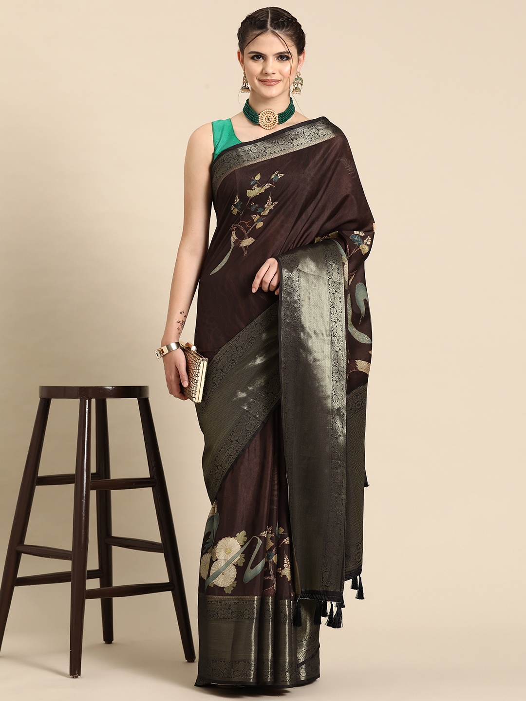 

Silk Land Floral Kanjeevaram Silk Digital Print Saree, Brown