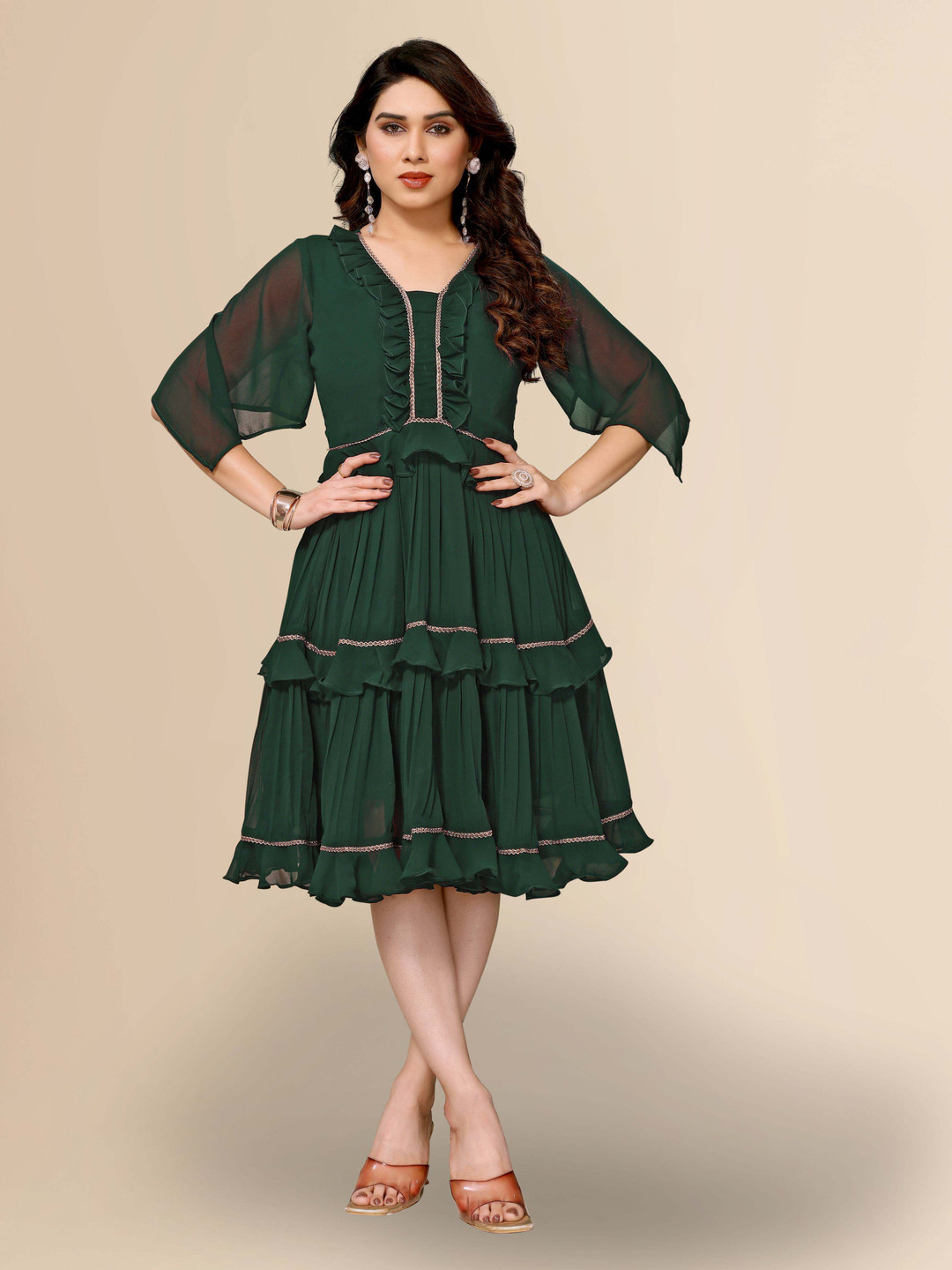

TITANIUM SILK INDUSTRIES PVT. LTD. Layered Georgette Fit & Flare Dress, Green