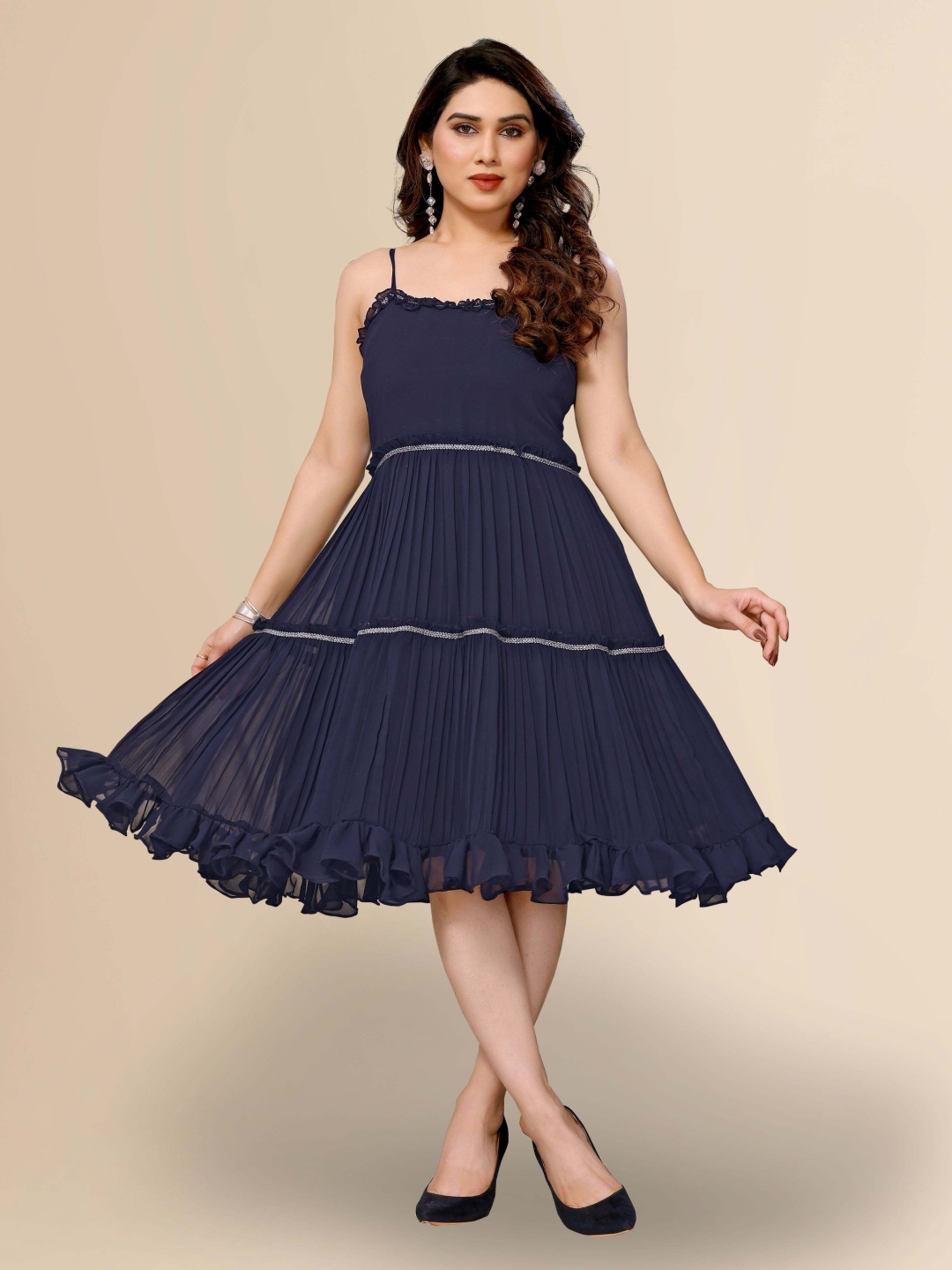 

TITANIUM SILK INDUSTRIES PVT. LTD. Ruffled Georgette Fit & Flare Midi Dress, Navy blue
