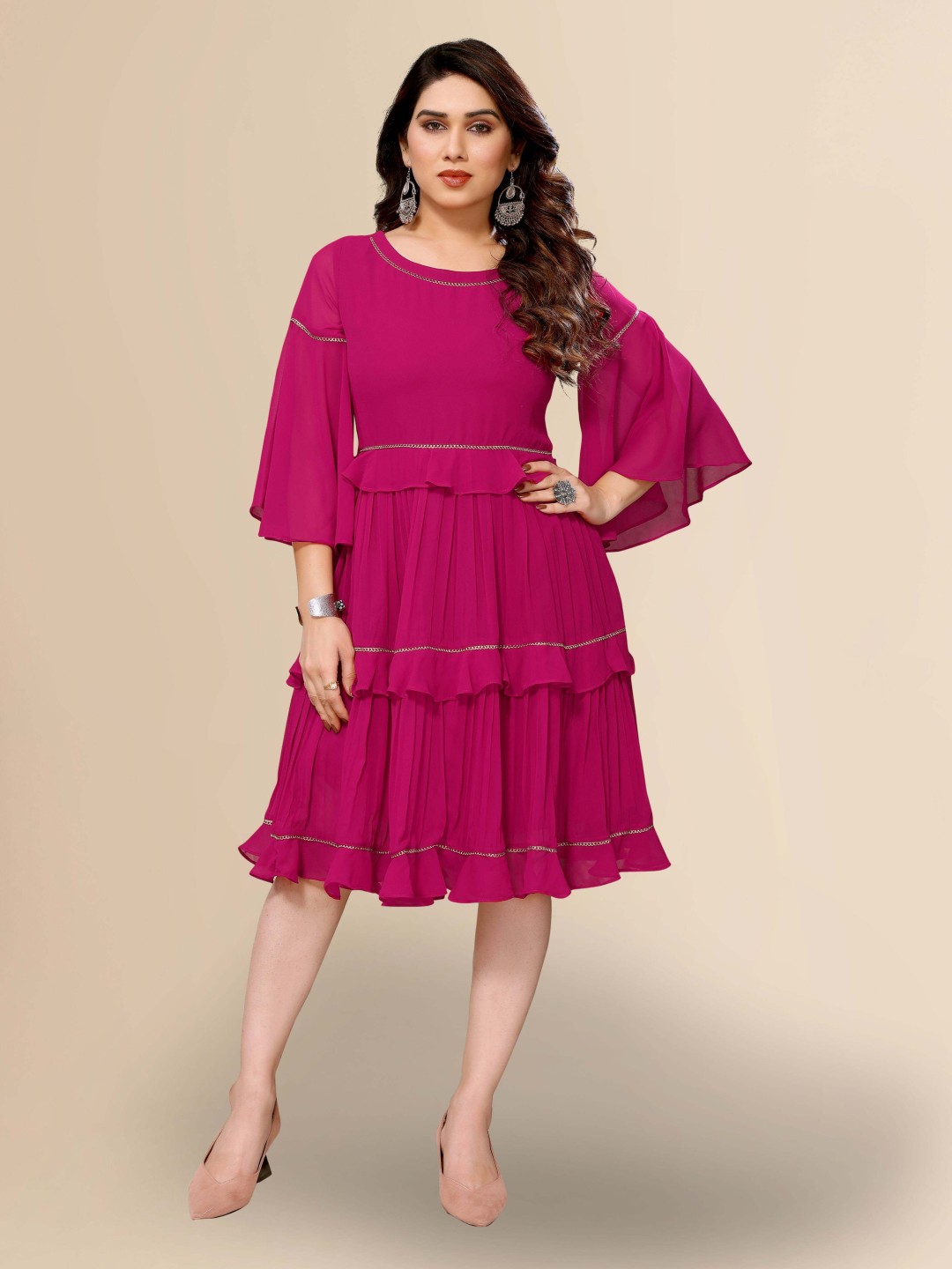 

TITANIUM SILK INDUSTRIES PVT. LTD. Flared Sleeve Ruffled Georgette Fit & Flare Dress, Pink