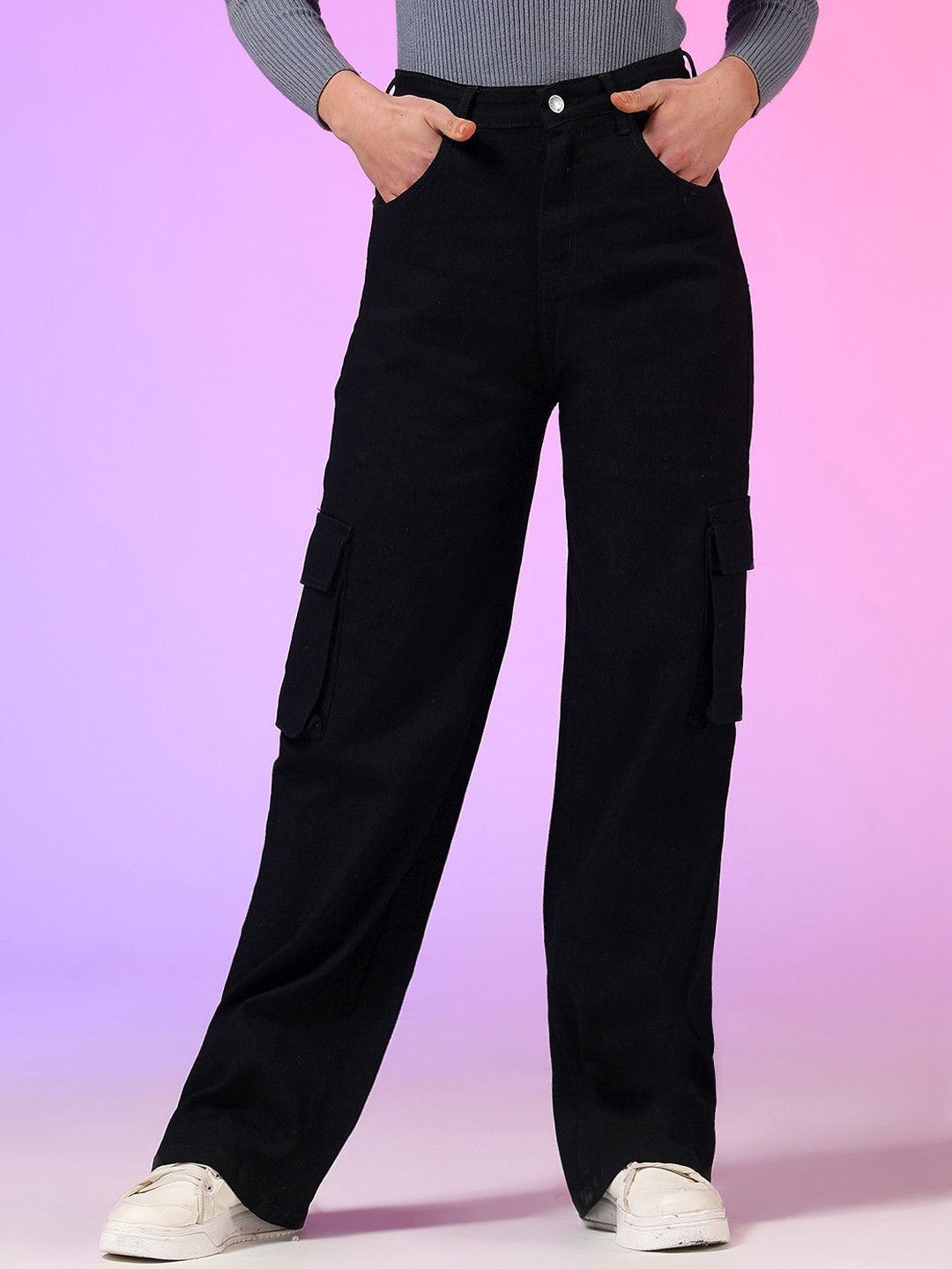 

Stylecast X Kotty Women Jean Straight Fit High-Rise Cargo Style Stretchable Jeans, Black