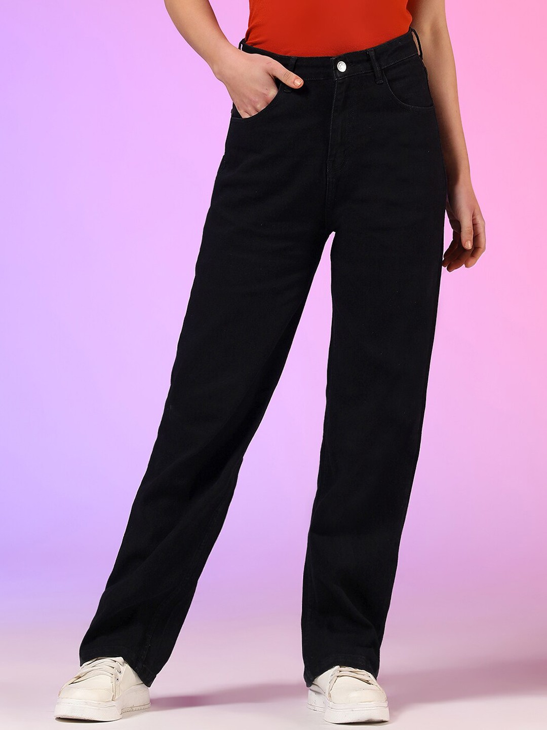 

Stylecast X Kotty Women Jean Straight Fit High-Rise Stretchable Jeans, Black