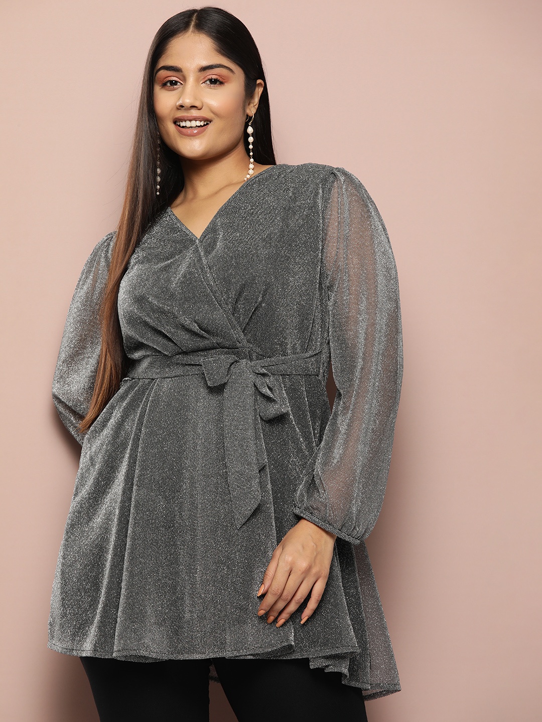 

Sztori Plus Size Solid Puff Sleeve Longline Top, Silver