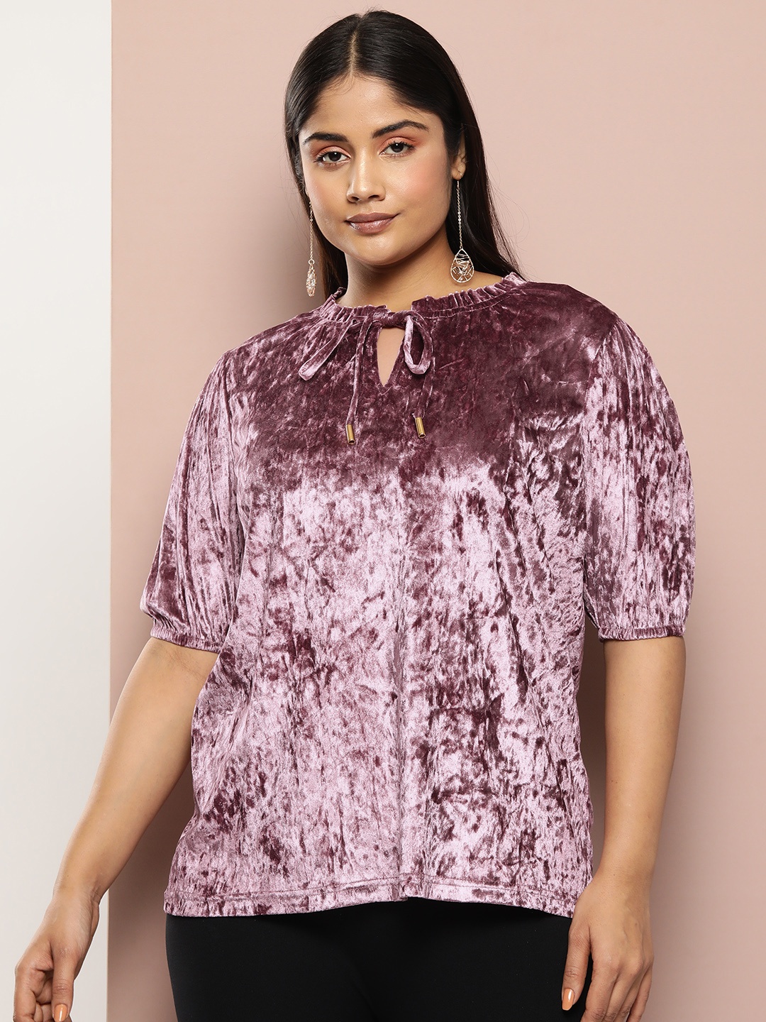 

Sztori Plus Size Solid Tie-Up Neck Puff Sleeve Velvet Top, Purple