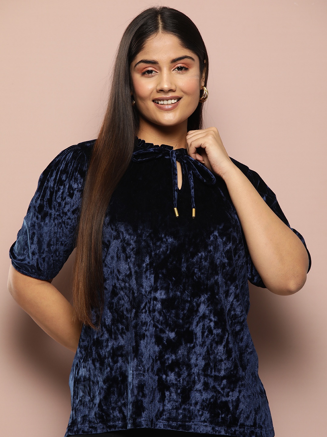 

Sztori Plus Size Solid Tie-Up Neck Velvet Top, Navy blue