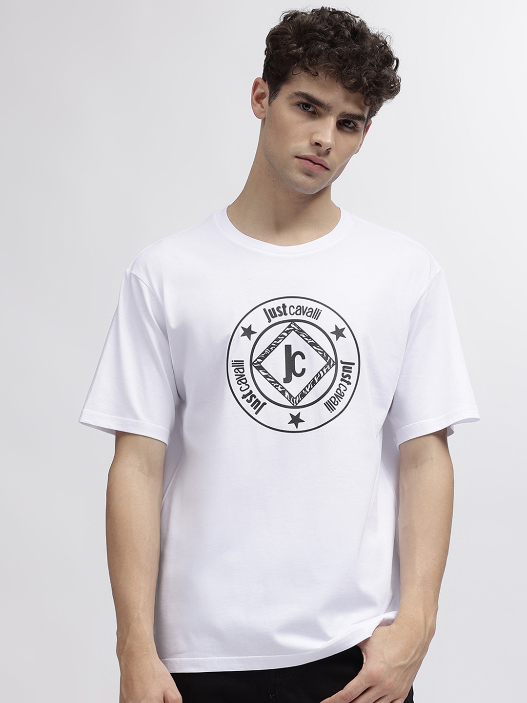 Just Cavalli Men Typography Printed Applique T-shirt, Black