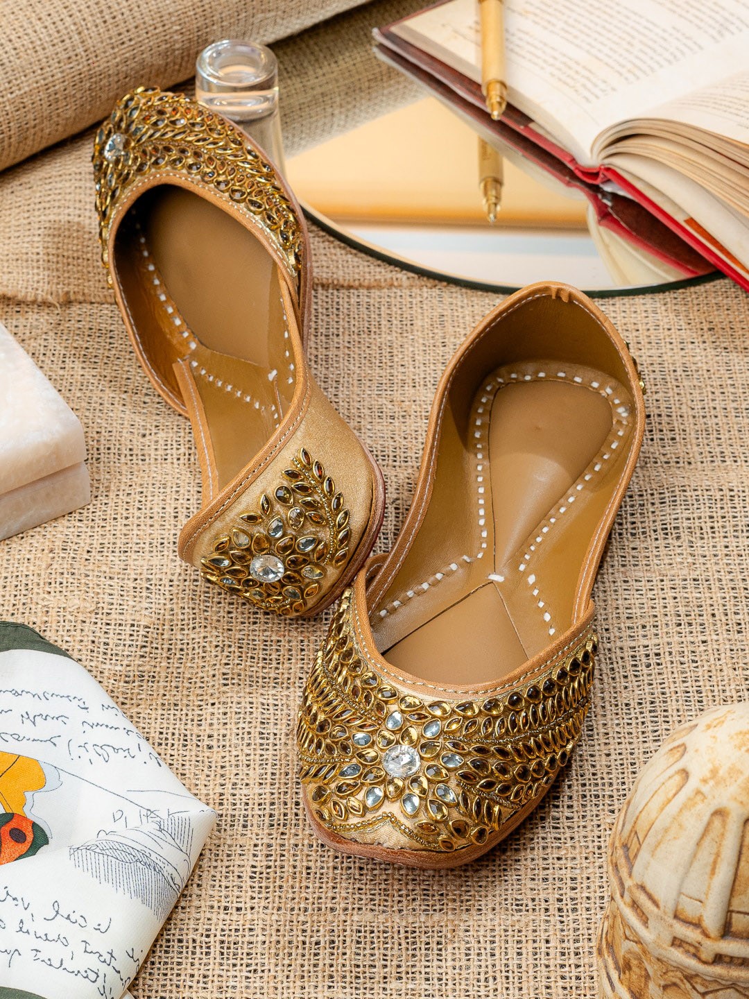 

House of Pataudi Embellished Square Toe Velvet Majoris, Gold