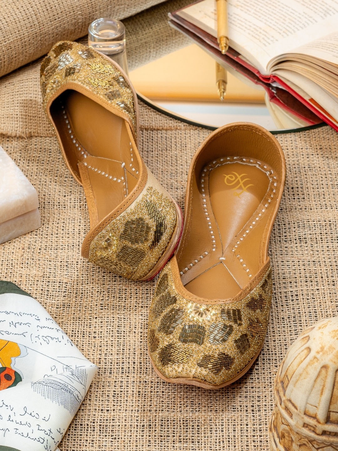 

House of Pataudi Embellished Square Toe Majoris, Gold