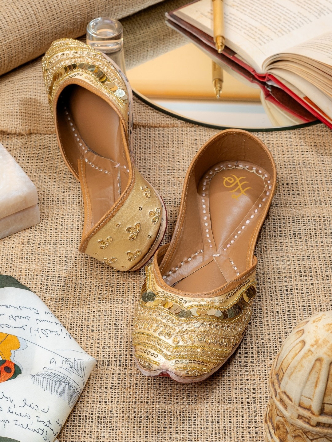 

House of Pataudi Embellished Square Toe Velvet Majoris, Gold