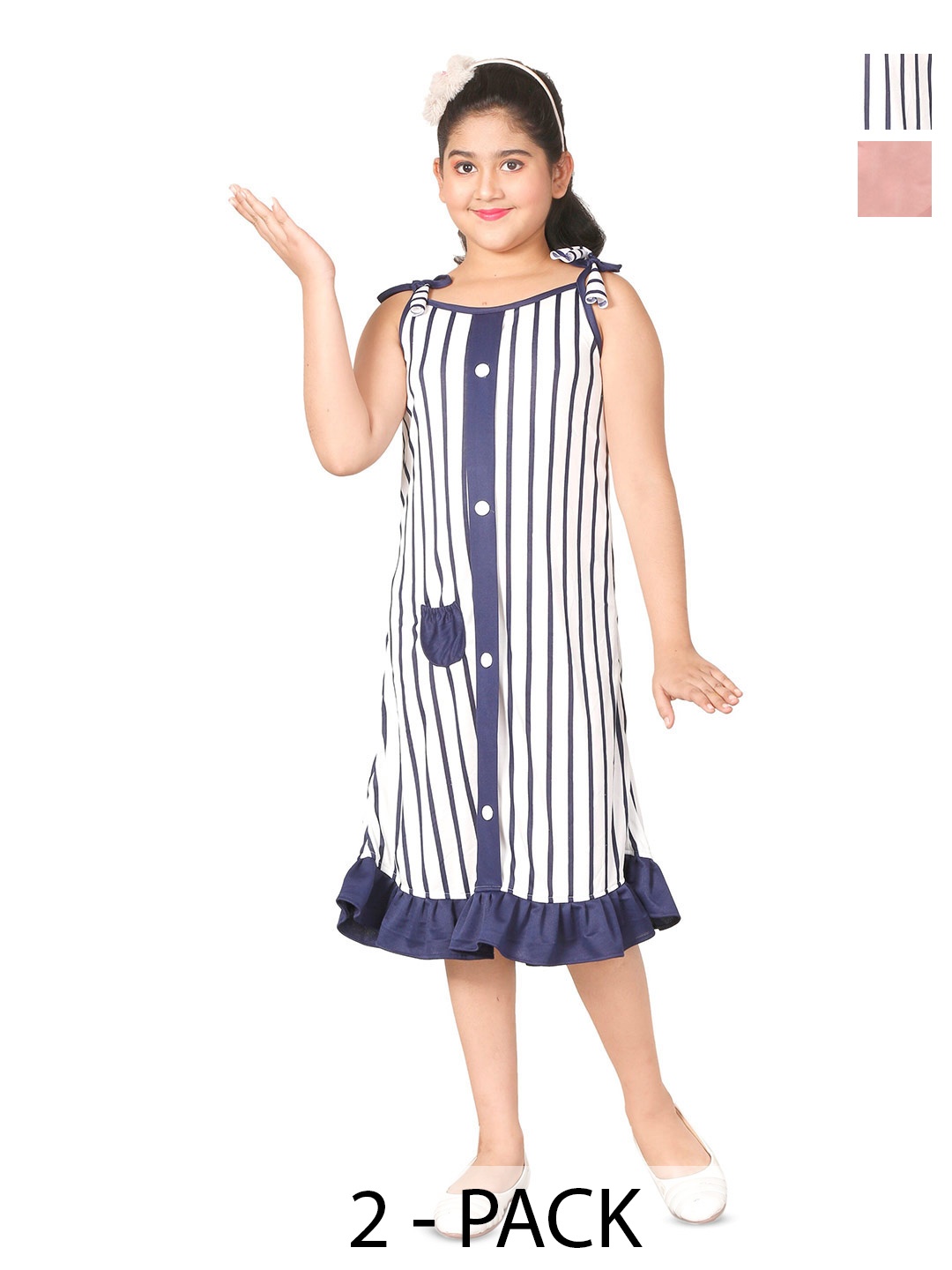 

BAESD Girls Pack Of 2 Striped Shoulder Straps A-Line Dresses, White