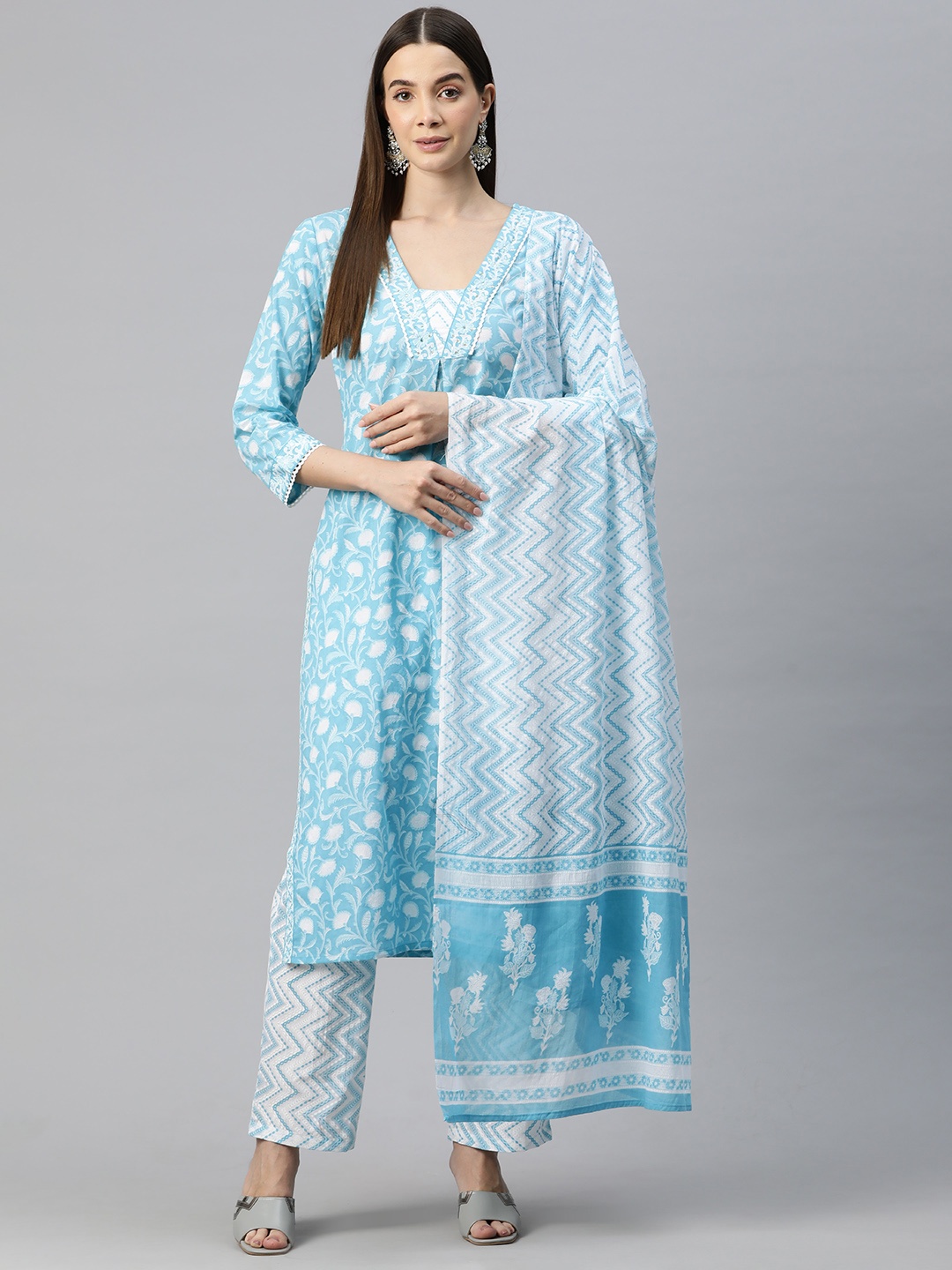 Readiprint Women Floral Printed Sequinned Kurta with Palazzos & With Dupatta, Blue