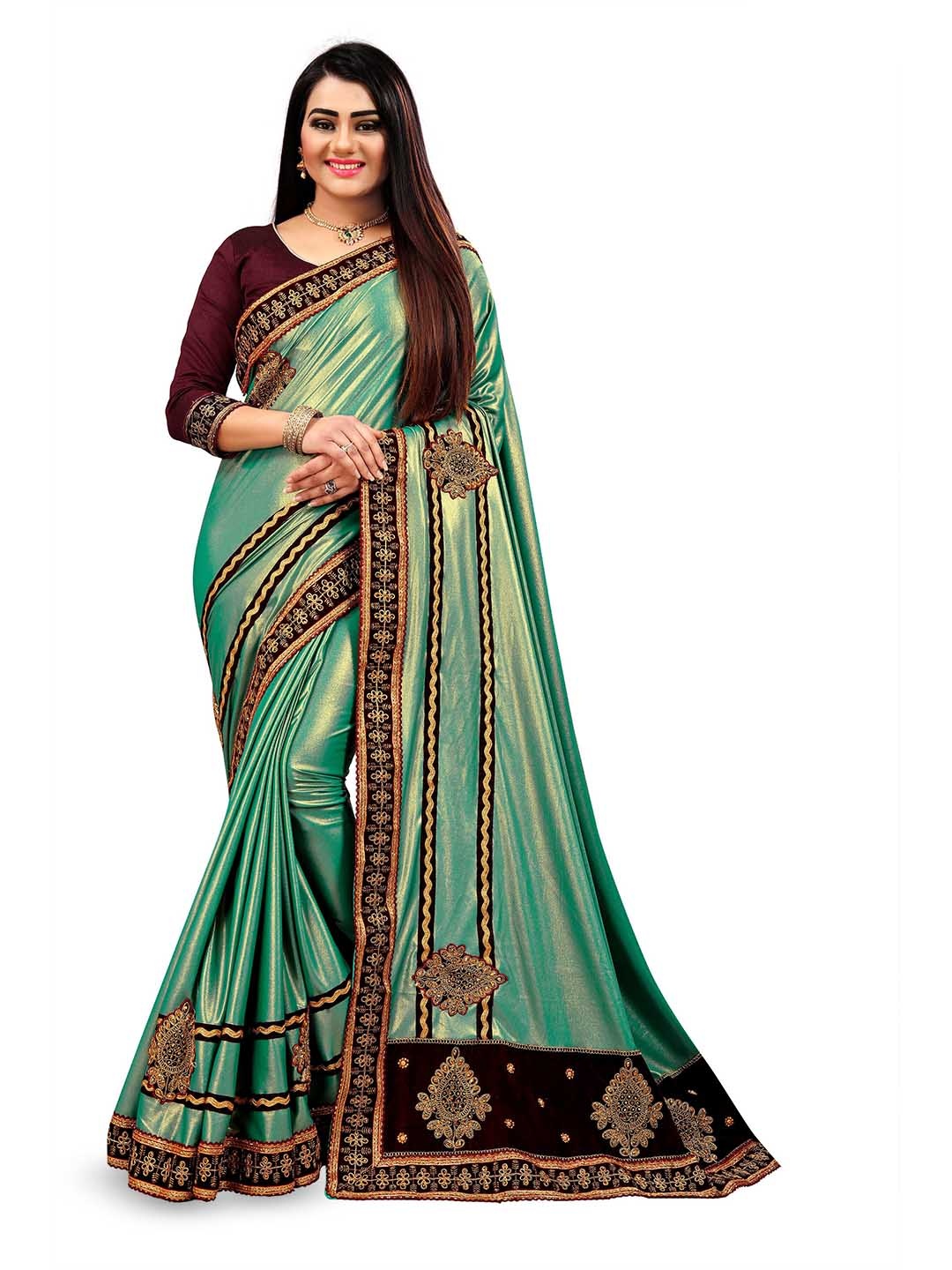 

VM TEJANI Embellished Embroidered Saree, Turquoise blue