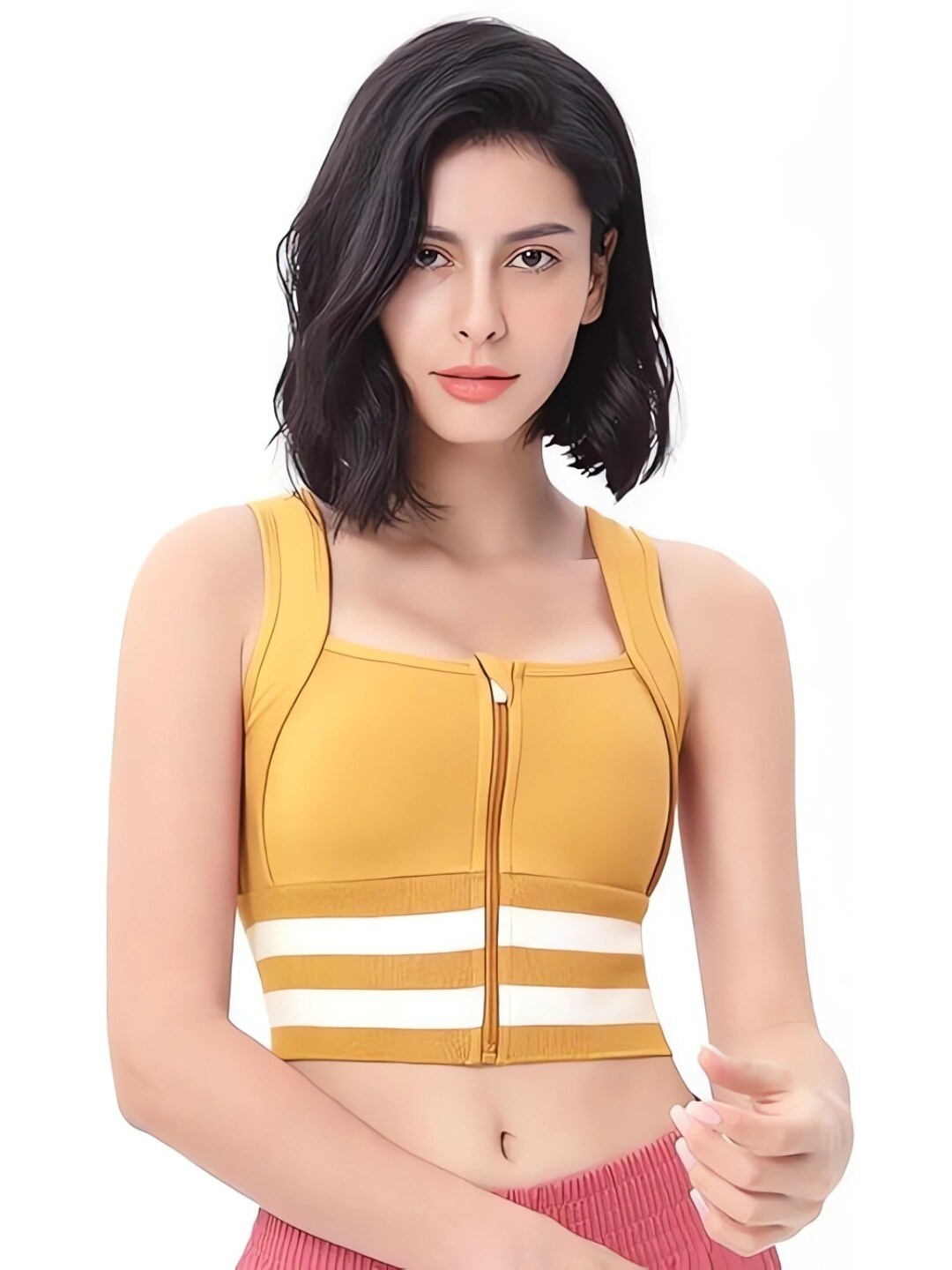 

FABLUK Striped Full Coverage High Support Rapid-Dry Side Shaper Workout Bra, Yellow