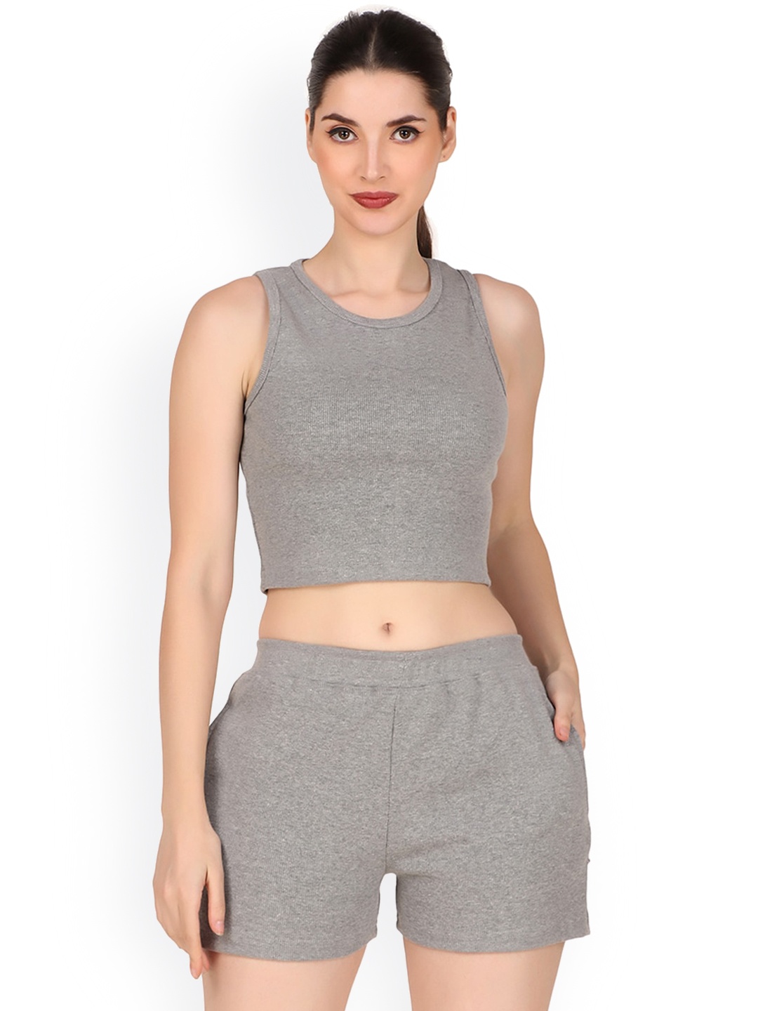 

BAESD Round-Neck Top With Shorts Co-Ords, Grey