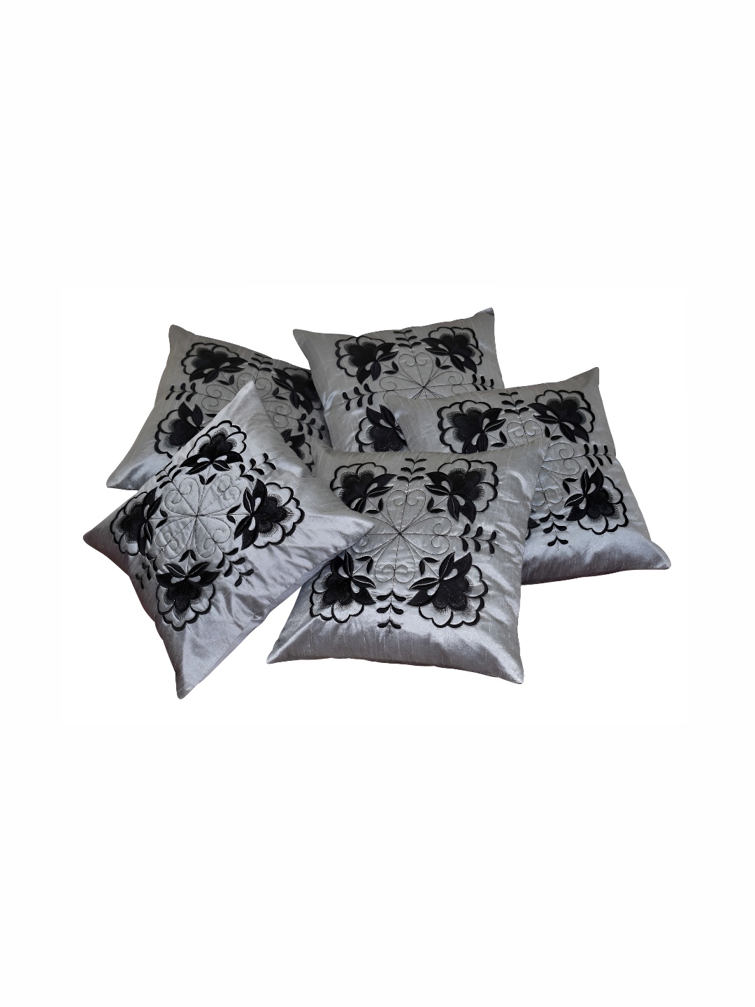 

Zikrak Exim Silver-Toned 5 Pieces Embroidered Velvet Square Cushion Covers