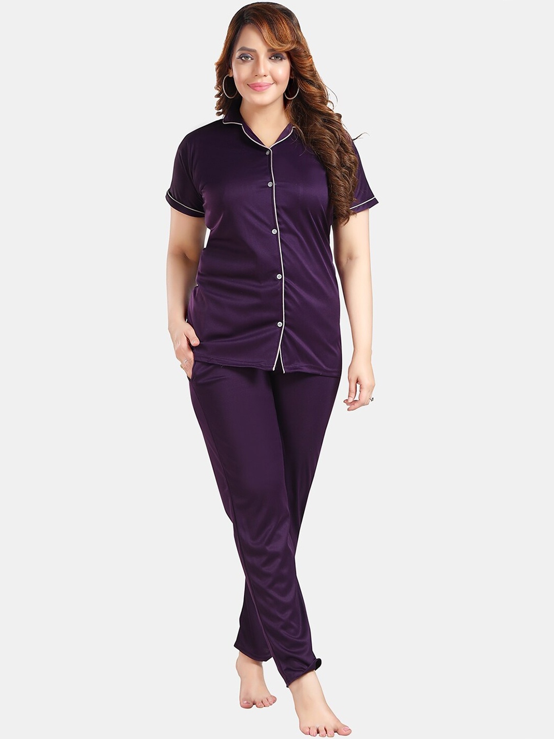 

Fabme Lapel Collar Satin Night suit, Purple