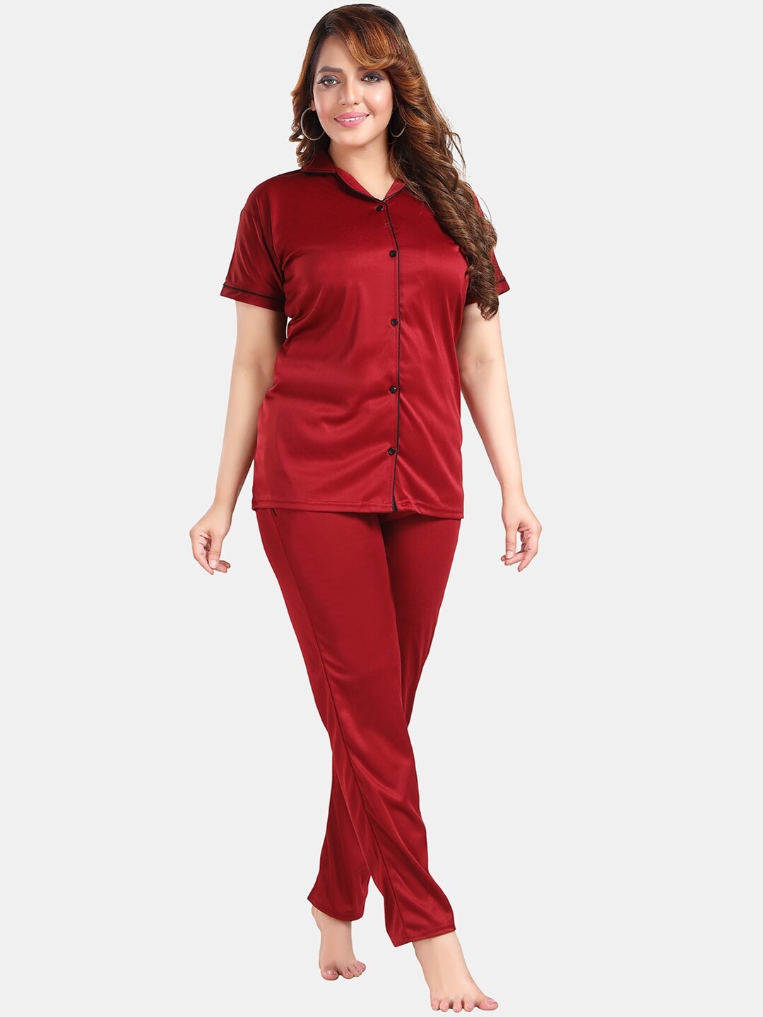 

Fabme Lapel Collar Satin Night suit, Maroon