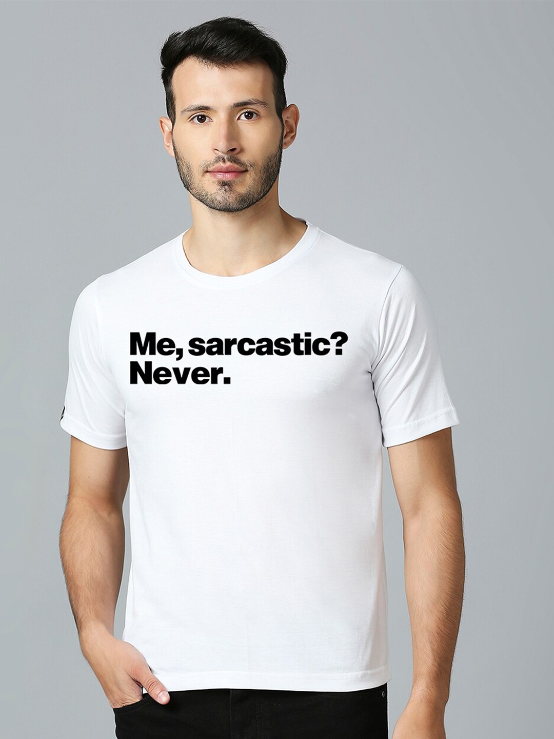 

MOD ECRU Typography Printed Round Neck Cotton T-shirt, White