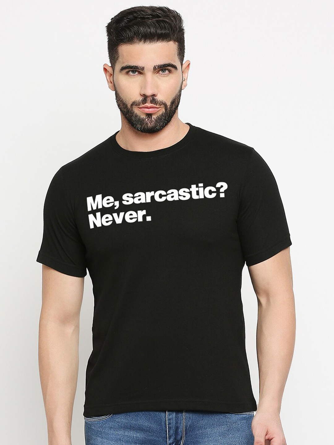 

MOD ECRU Typography Printed Round Neck Cotton T-shirt, Black