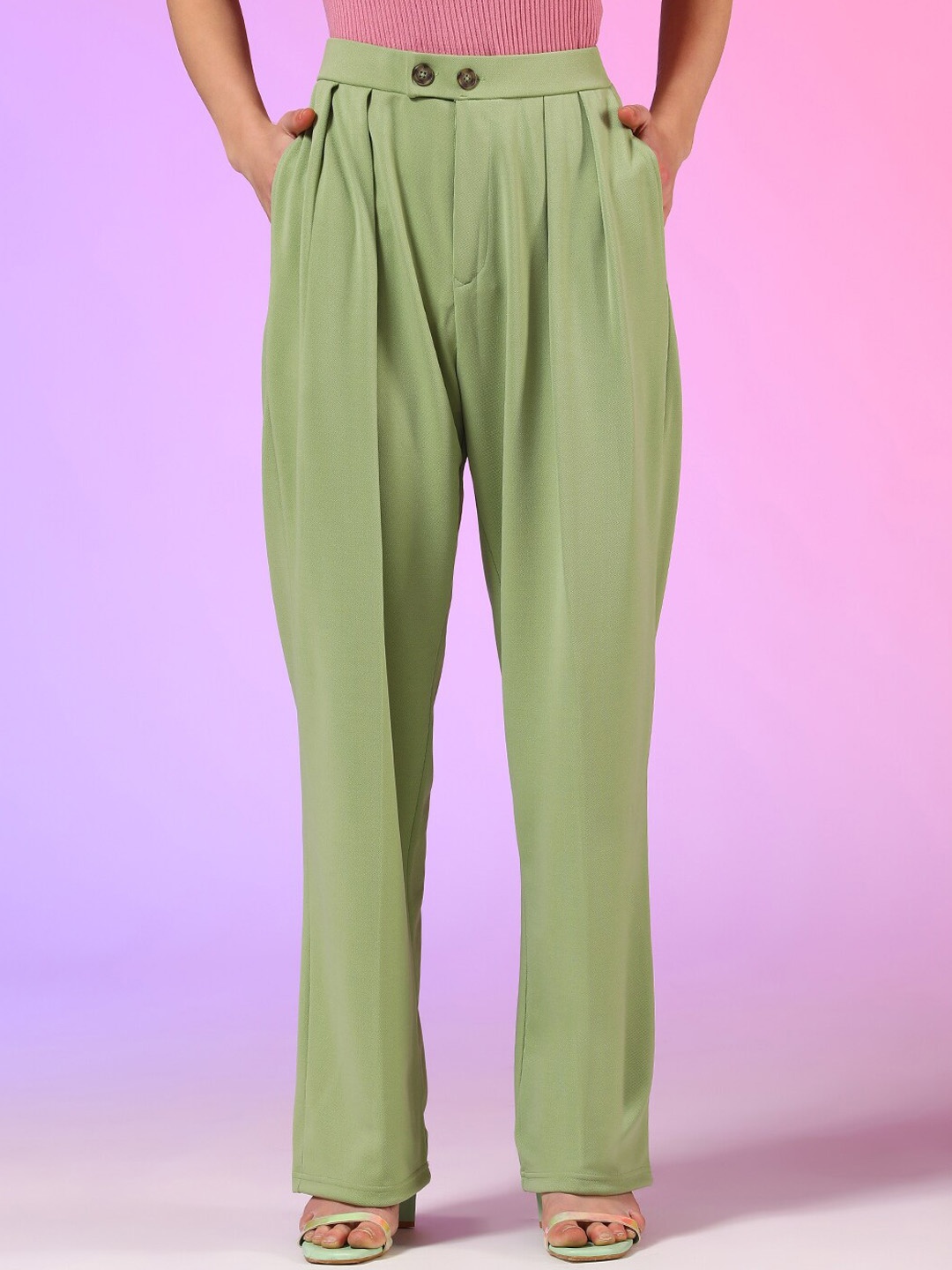 

Stylecast X Kotty Women Relaxed Straight Fit High-Rise Easy Wash Pleated Trousers, Green