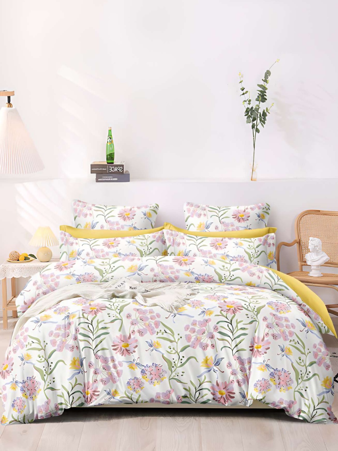 

Bajo's White & Yellow Floral Cotton 350 TC Flat King Bedsheet with 2 Pillow Covers
