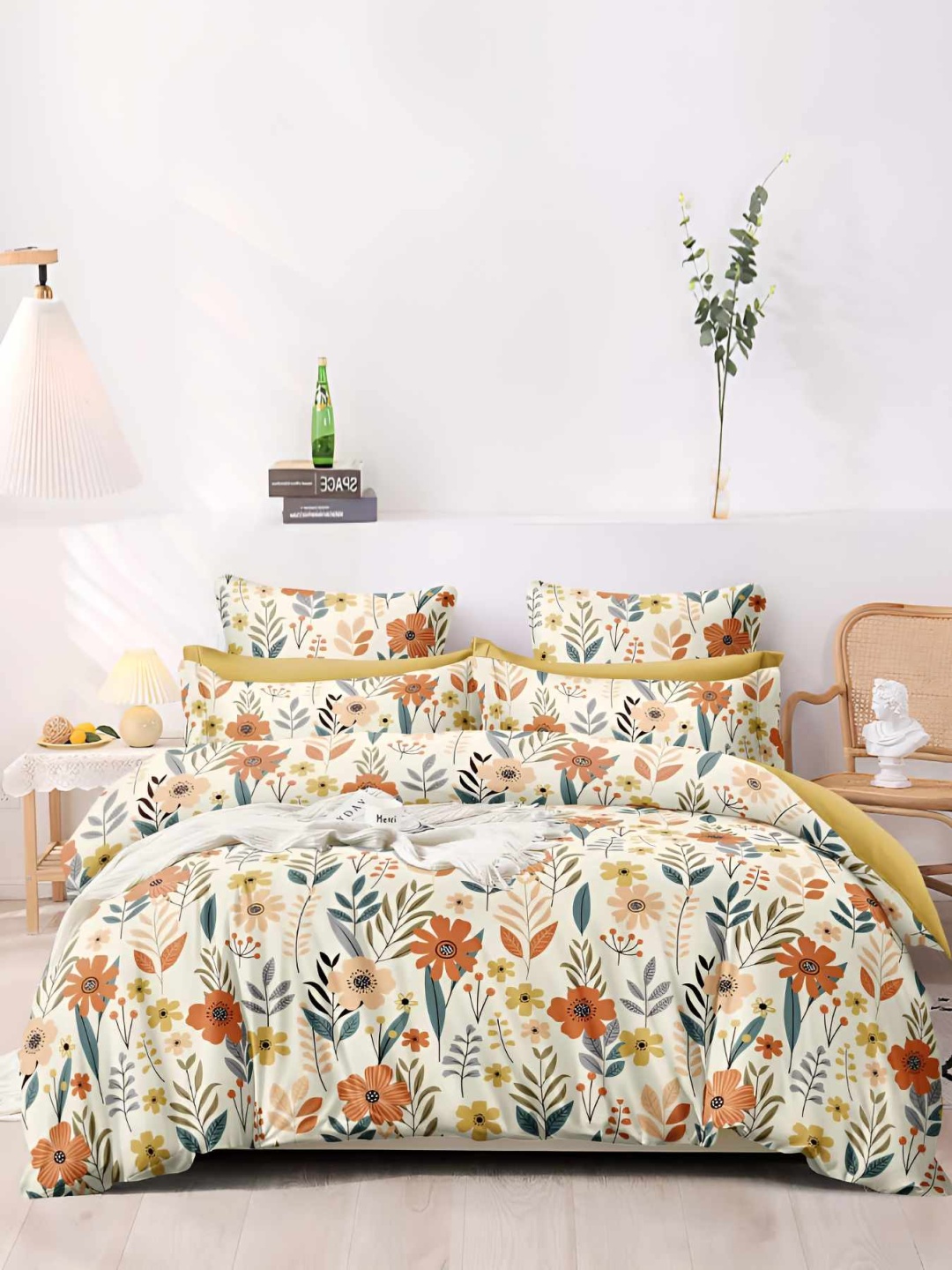 

Bajo's Cream-Coloured & Orange Floral Cotton 350 TC King Bedsheet with 2 Pillow Covers