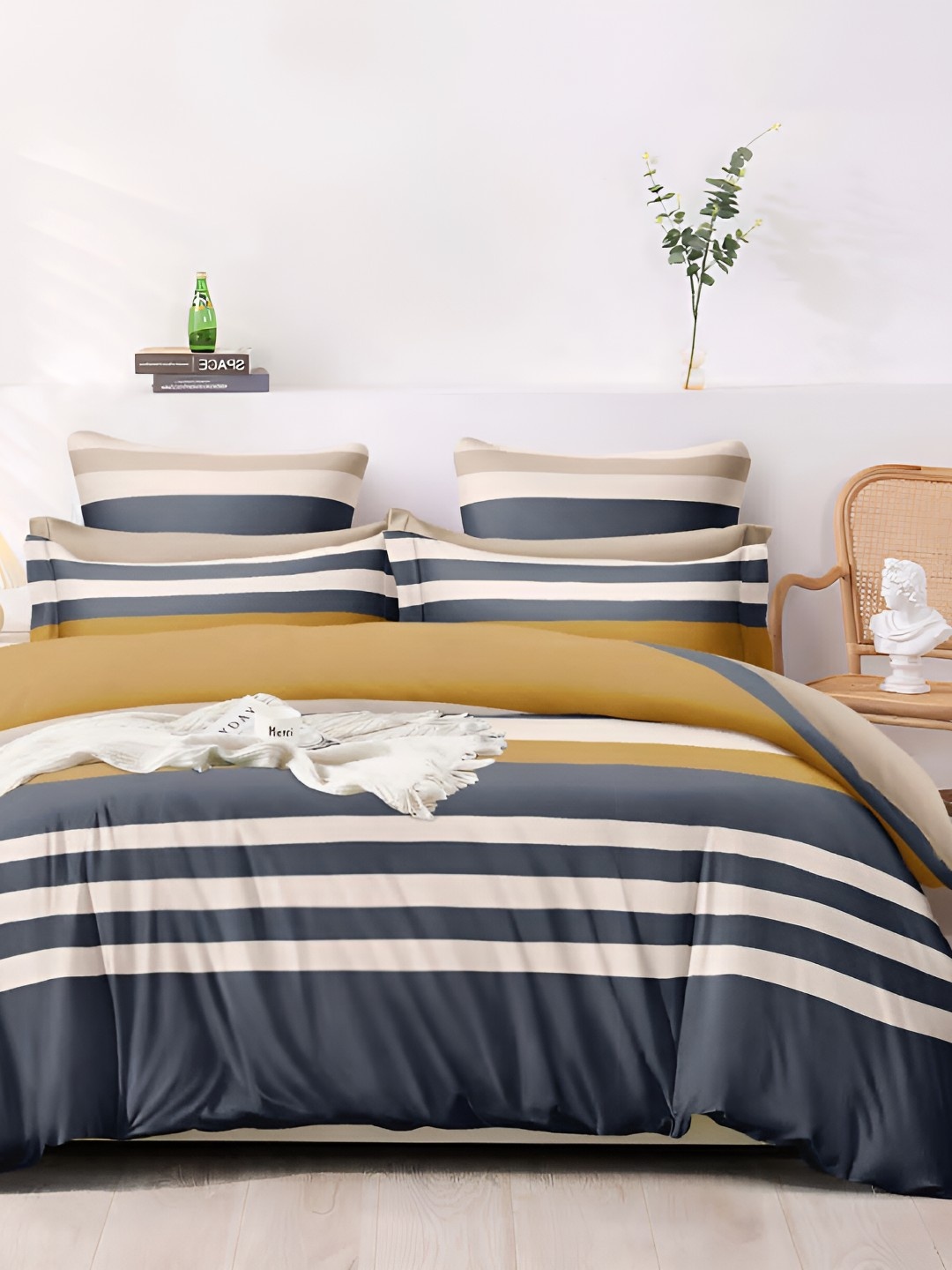 

Bajo's Beige & Grey Striped Cotton 350 TC King Bedsheet with 2 Pillow Covers