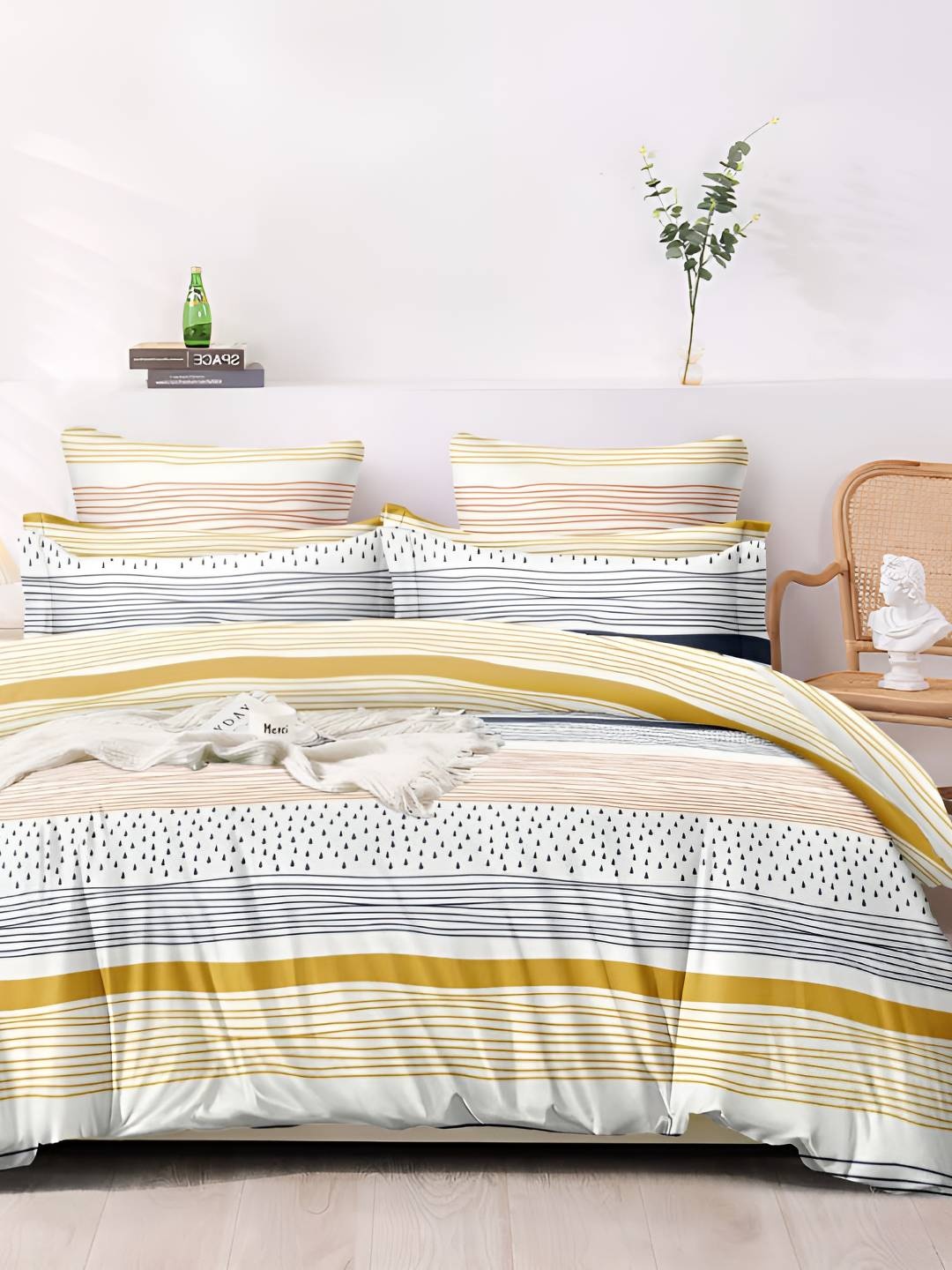 

Bajo's White & Mustard Cotton Striped 350 TC King Bedsheet with 2 Pillow Covers