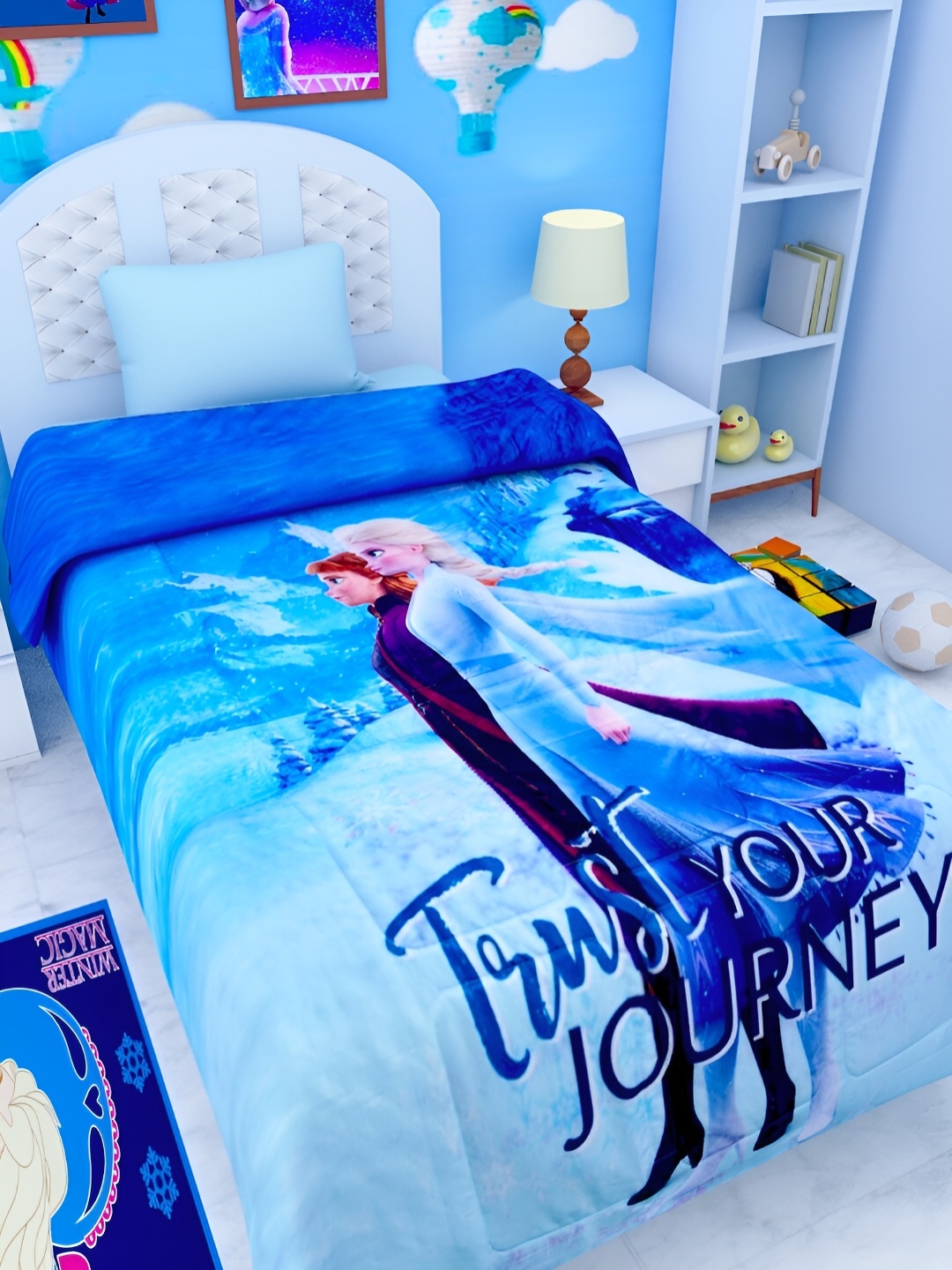

Athom Living Kids Blue & White Cartoon Characters AC Room 210 GSM Single Bed Comforter