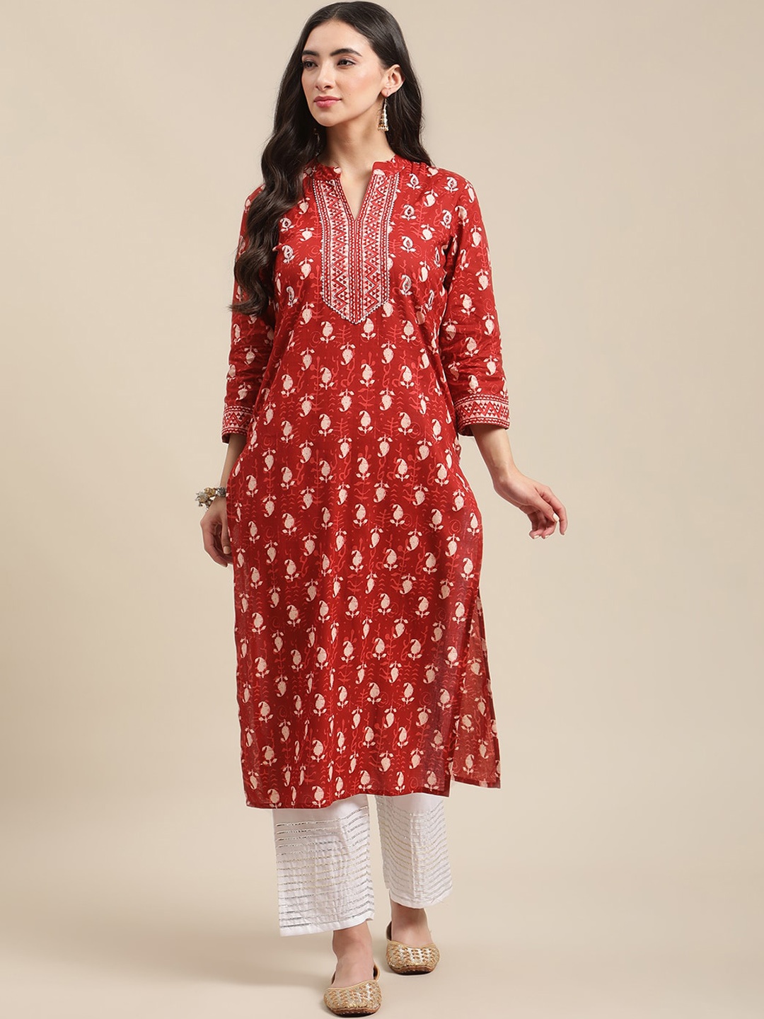 

KALINI Paisley Printed Mandarin Collar Gotta Patti Cotton Kurta, Rust