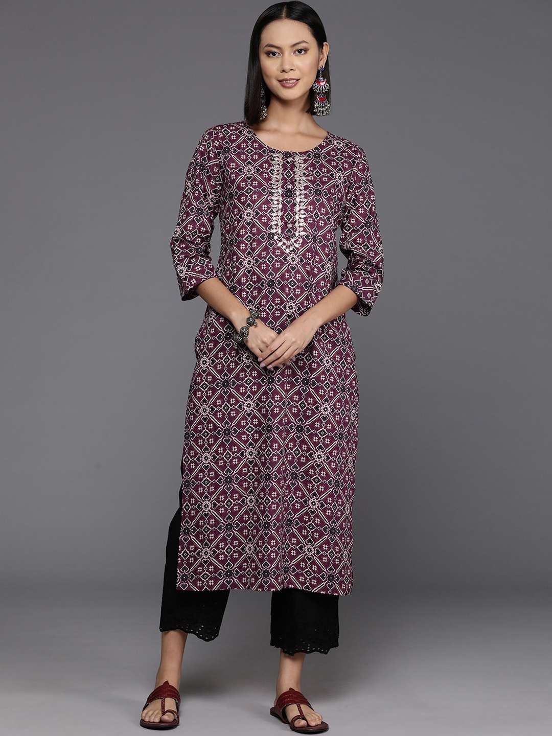 KALINI Women Ethnic Motifs Printed Mirror Work Kurta, Burgundy