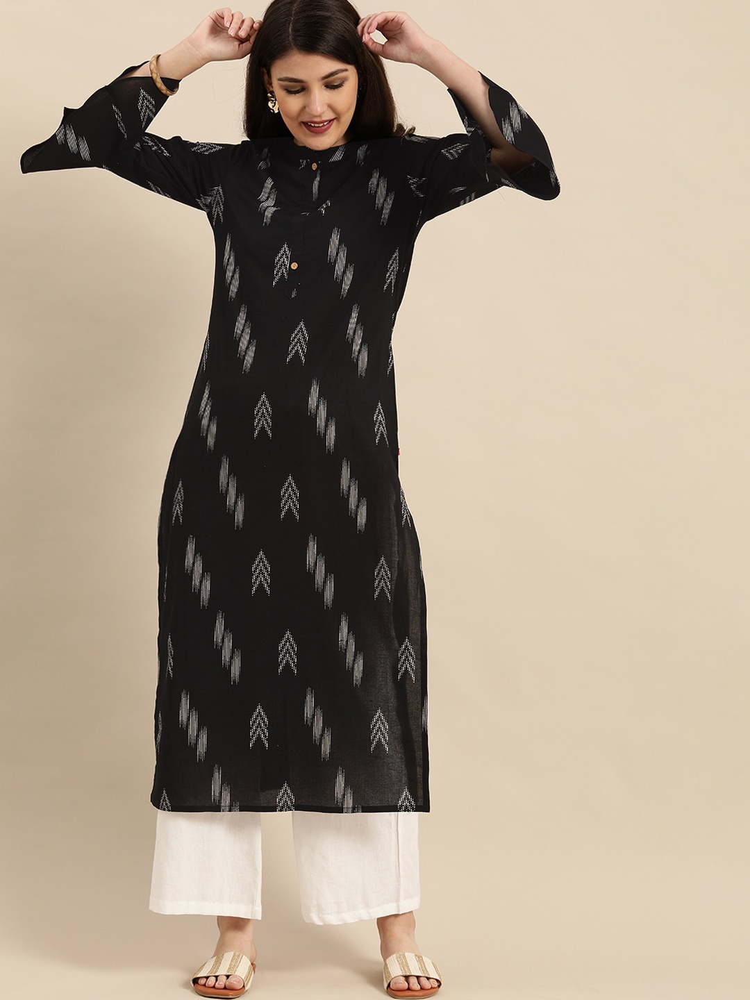 

KALINI Abstract Printed Band Collar Bell Sleeves Straight Cotton Kurta, Black