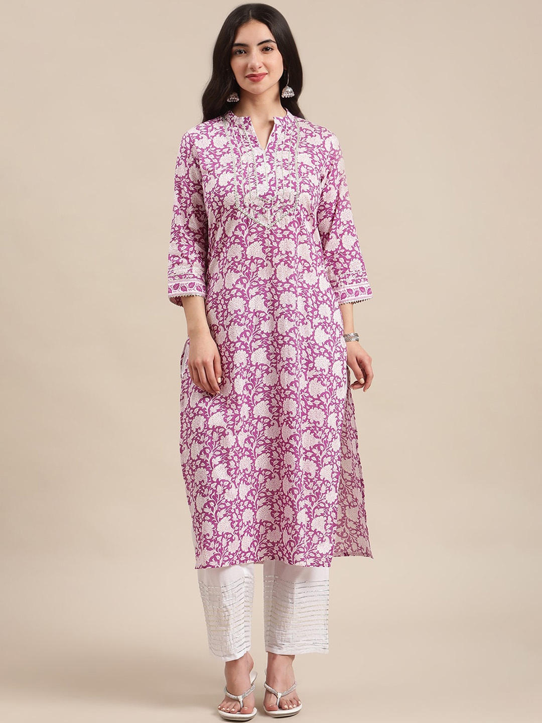 

KALINI Floral Printed Mandarin Collar Gotta Patti Straight Cotton Kurta, Purple