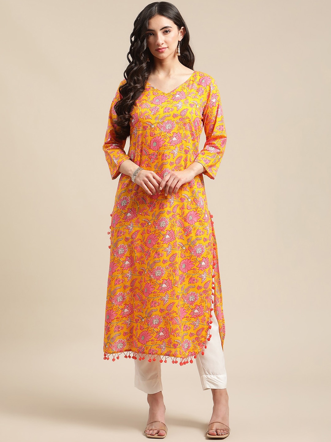 

KALINI Floral Printed Pure Cotton Kurta, Mustard