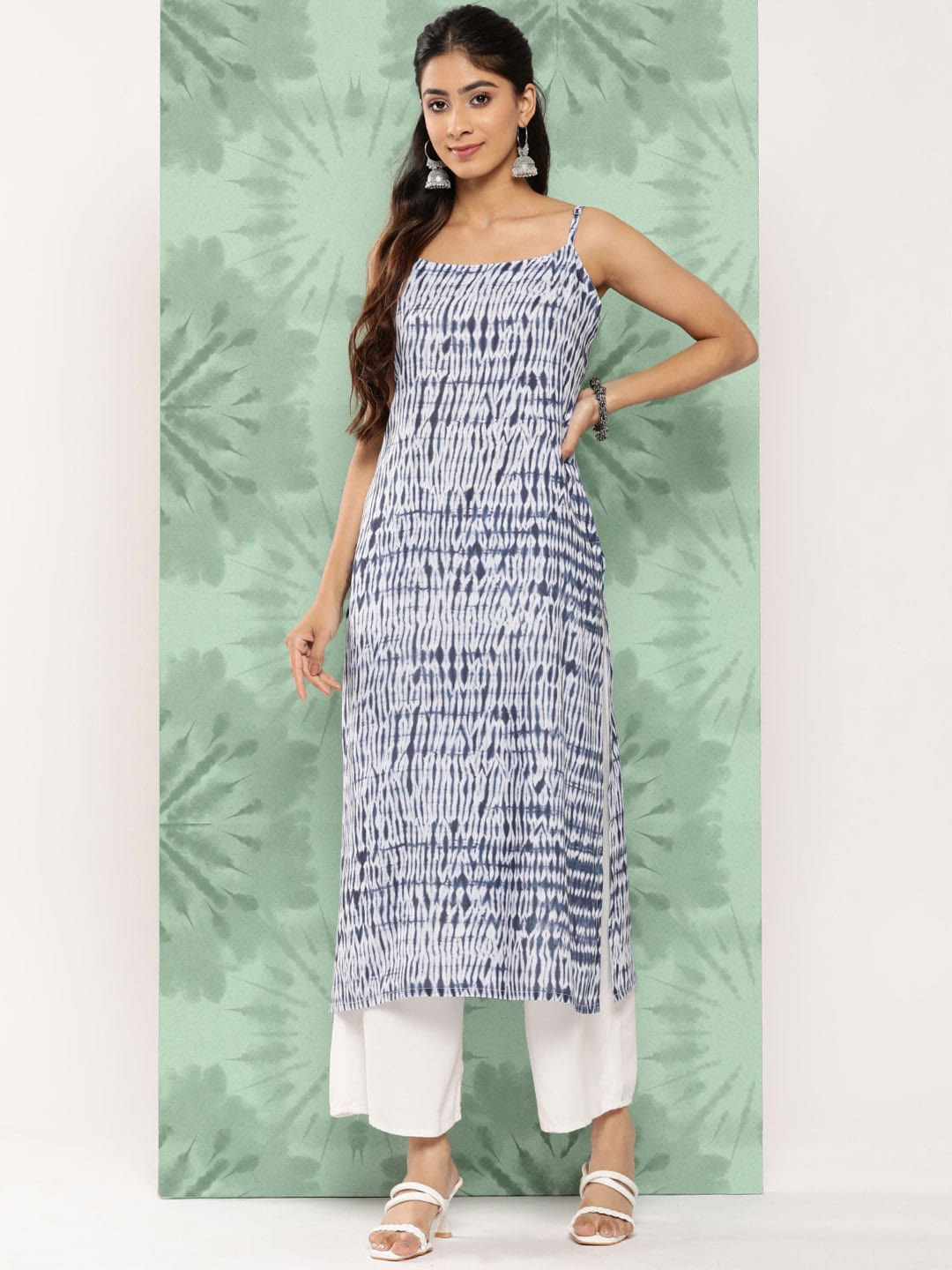 

KALINI Ethnic Printed Square Neck Sleeveless Straight Kurta, Blue
