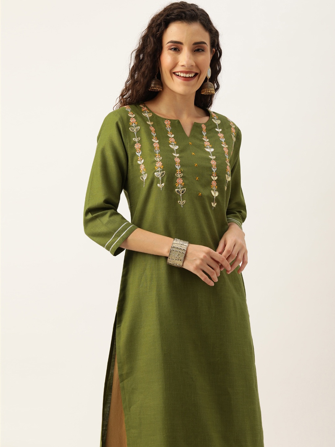 

KALINI Ethnic Motifs Yoke Design Thread Work Detailed Cotton Straight Kurta, Olive