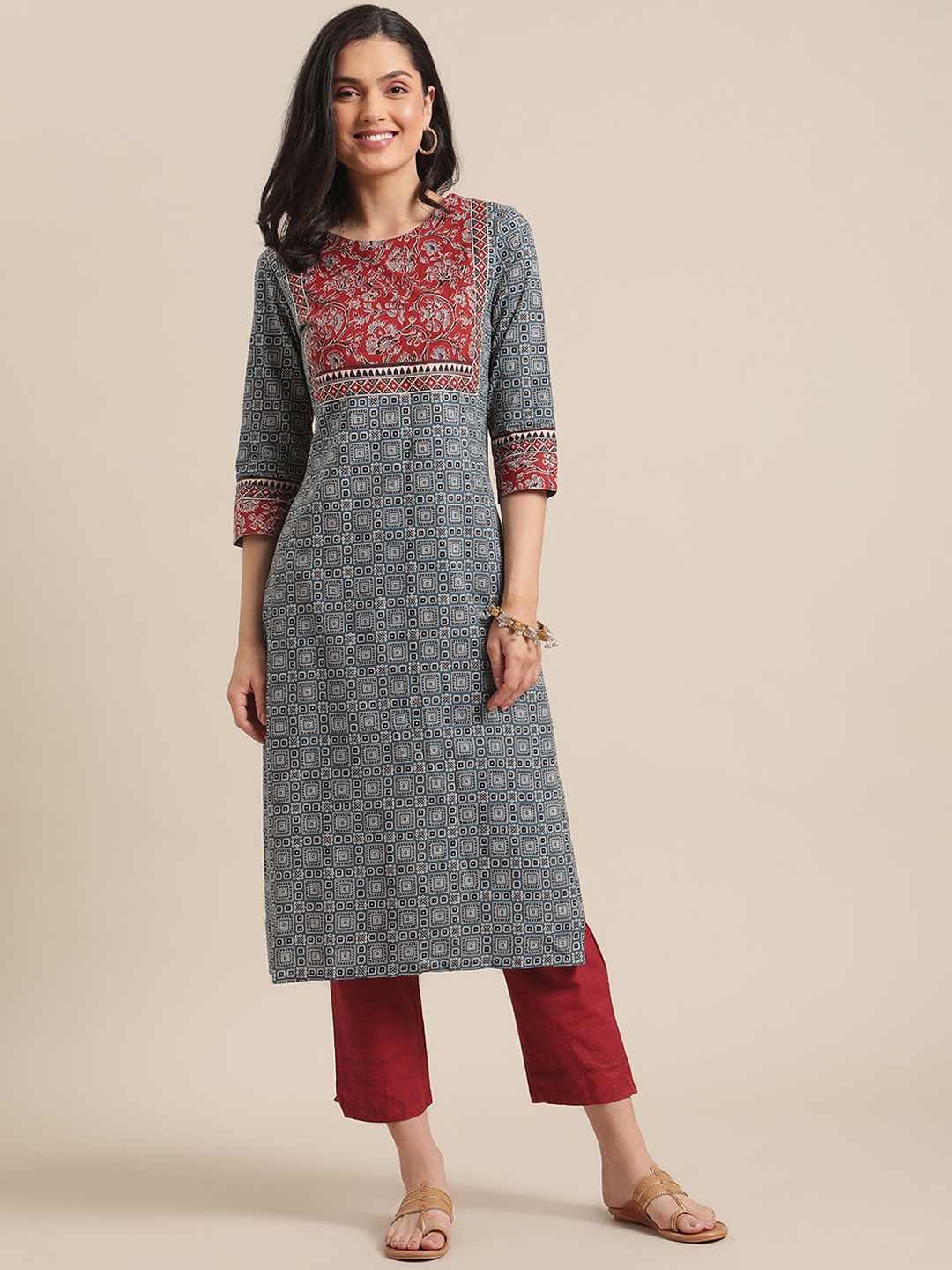 

KALINI Women Geometric Printed Keyhole Neck Thread Work Kurta, Blue