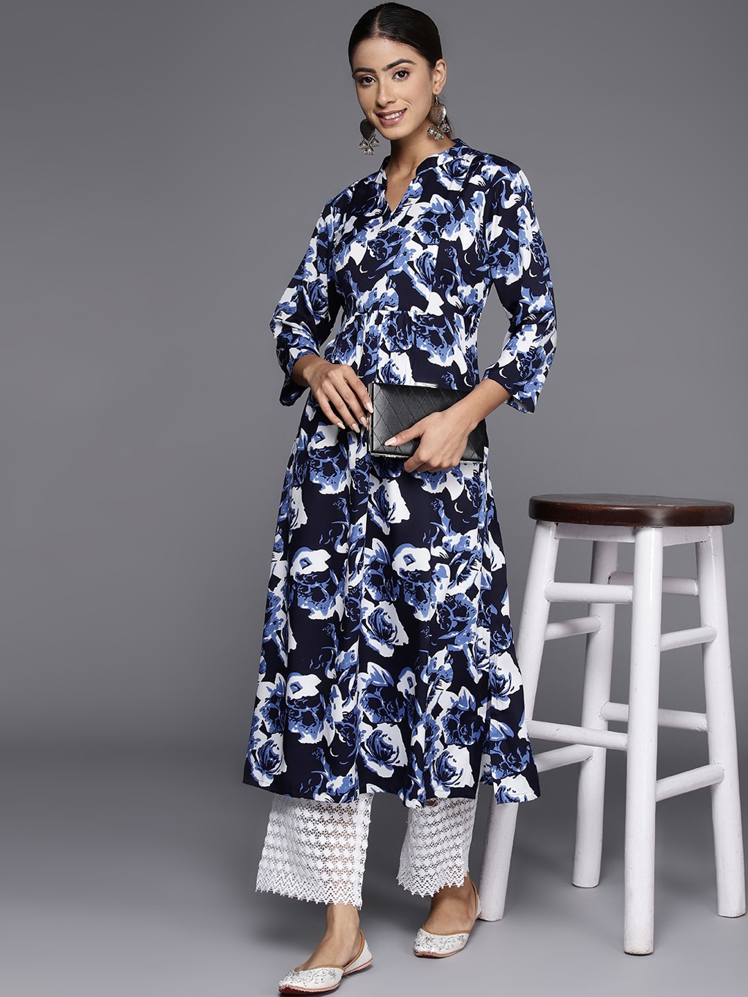 

KALINI Women Floral Yoke Design Thread Work Crepe Kurta, Navy blue