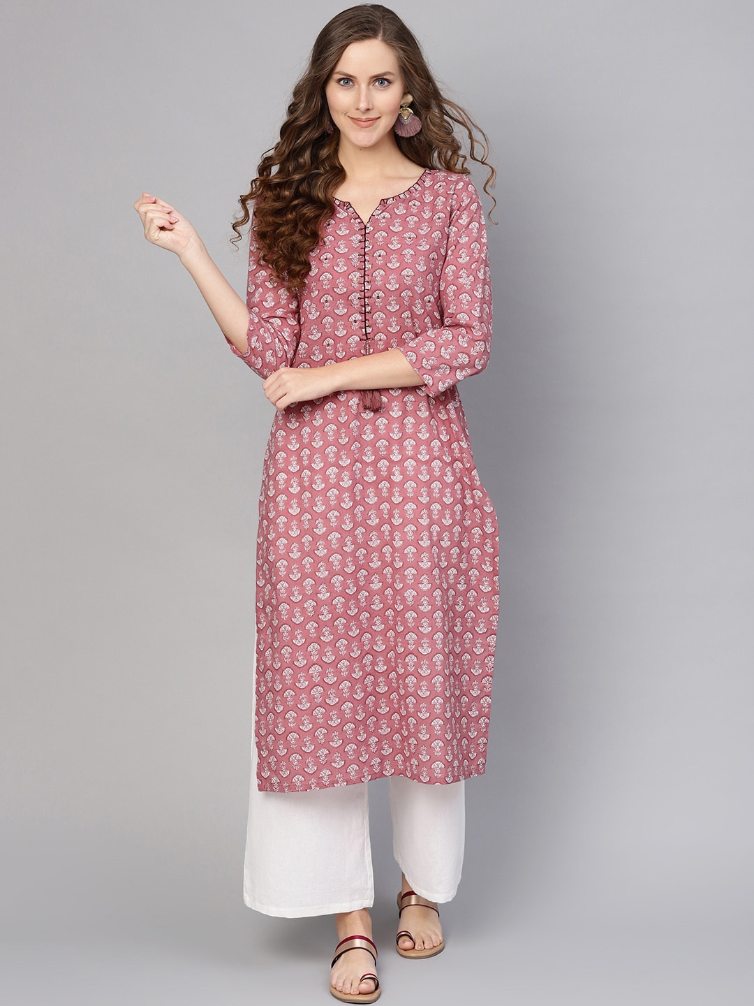

KALINI Ethnic Motifs Printed Sequinned Detailed Cotton Straight Kurta, Pink