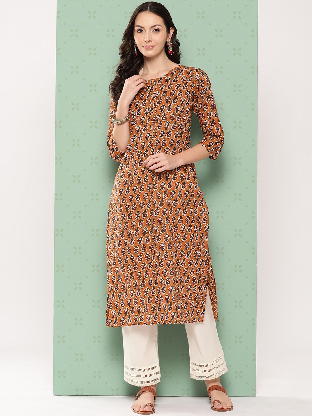 

KALINI Ethnic Motifs Printed Cotton Straight Kurta, Brown