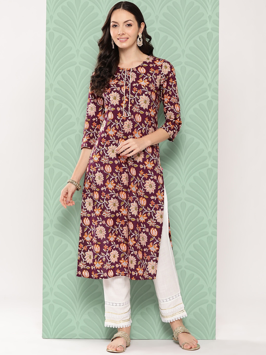 

KALINI Floral Printed Gotta Patti Detailed Cotton Straight Kurta, Maroon